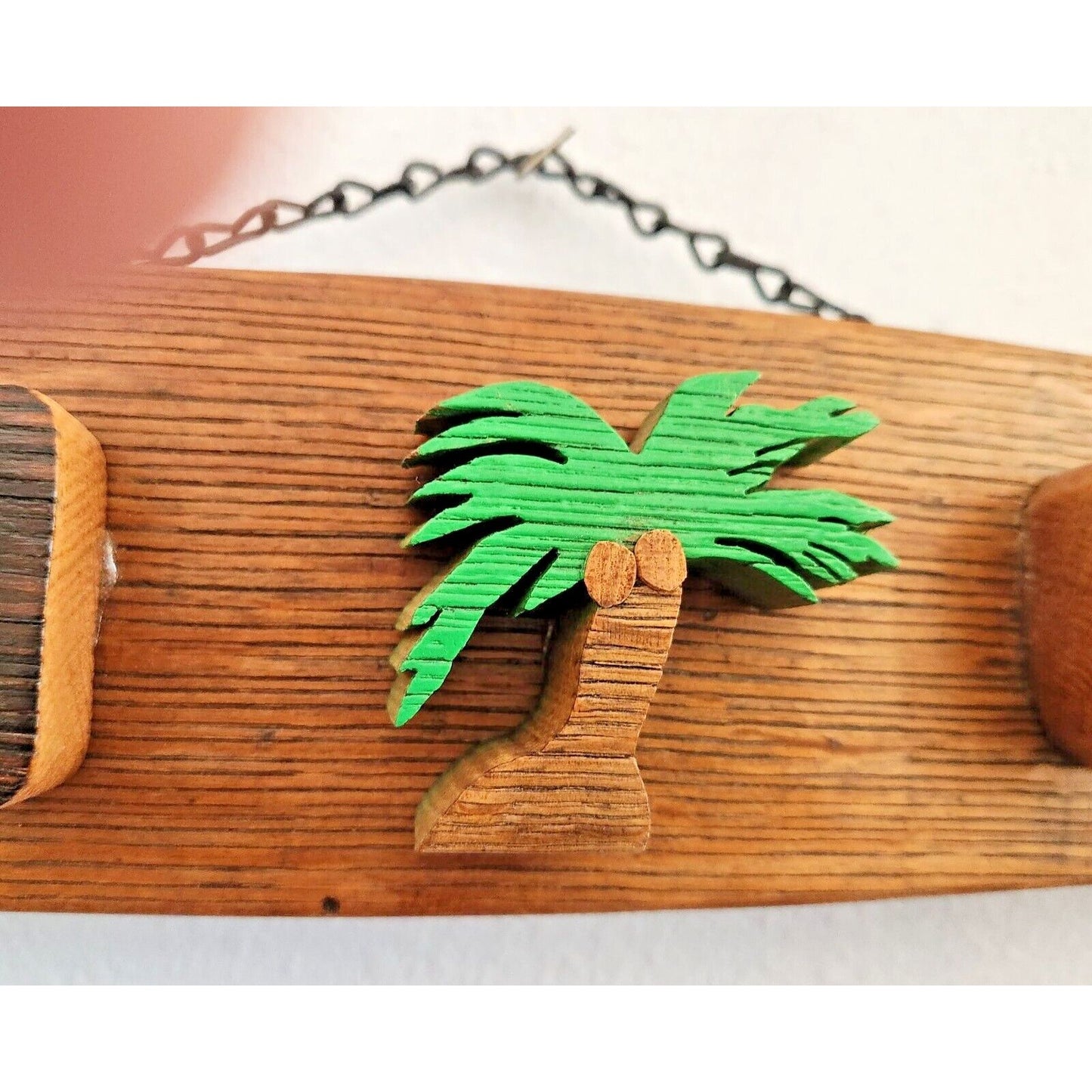 Wood Sign Wine Stave says "Guam USA" Flowers Palm Tree Letters Cut Stave