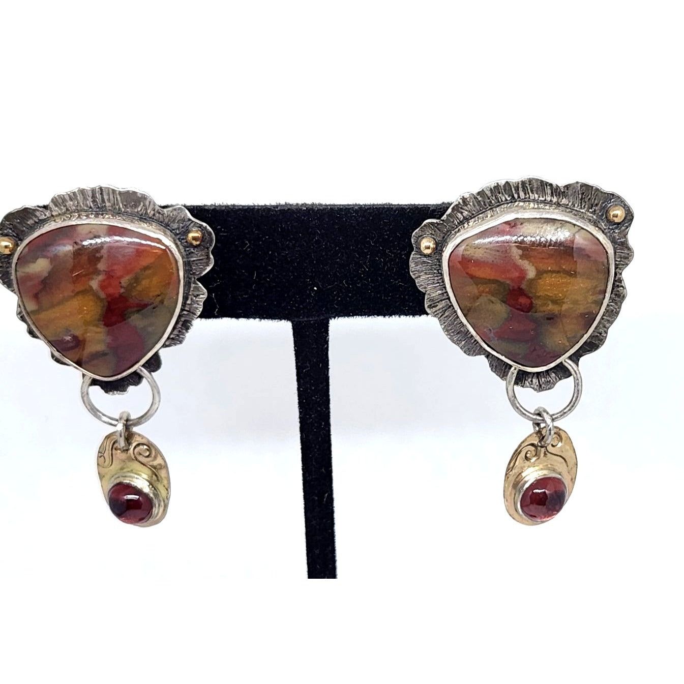 Earrings Silver Post Red Creek Jasper Mozambique Garnet 12.6 Gr 925 Silver 14K Gold