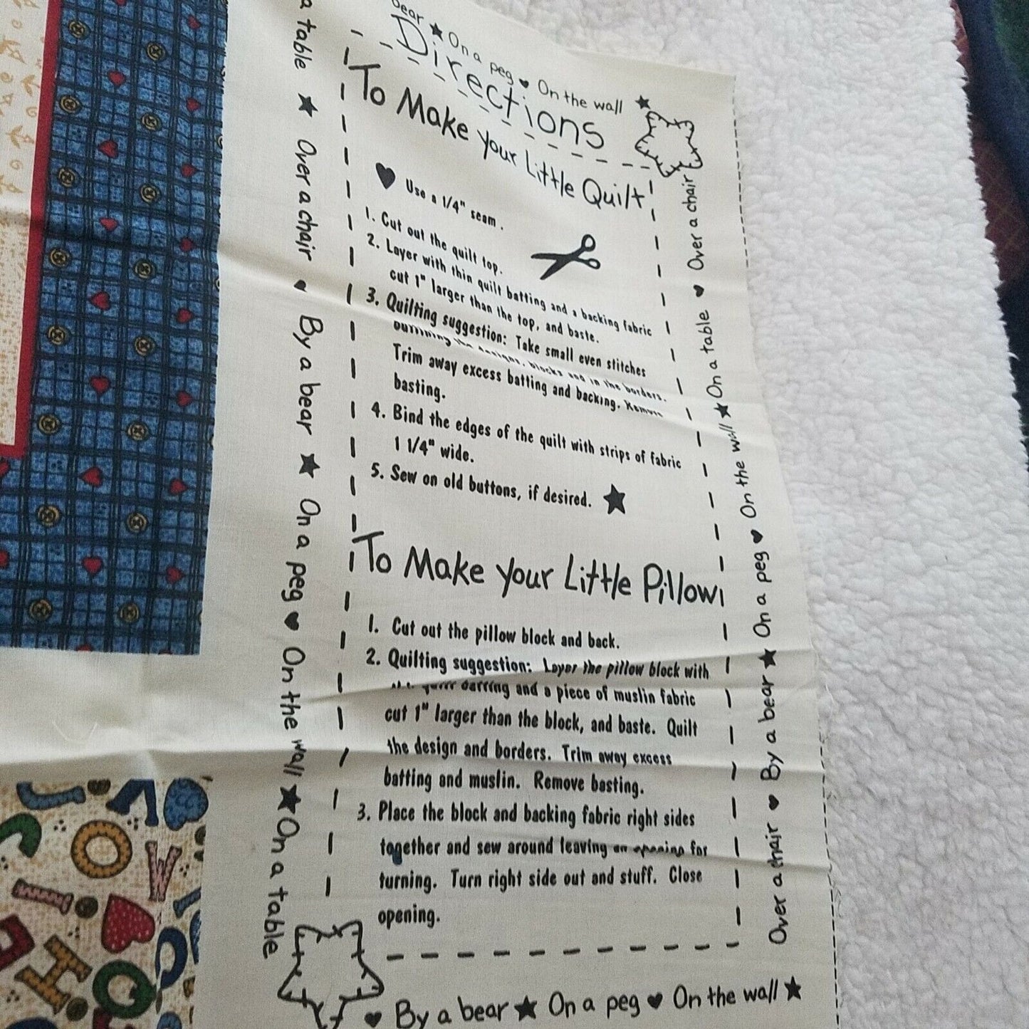 Craft Kit Small Quilt or Pillow ABC By a Bear On a Peg On the Wall Directions
