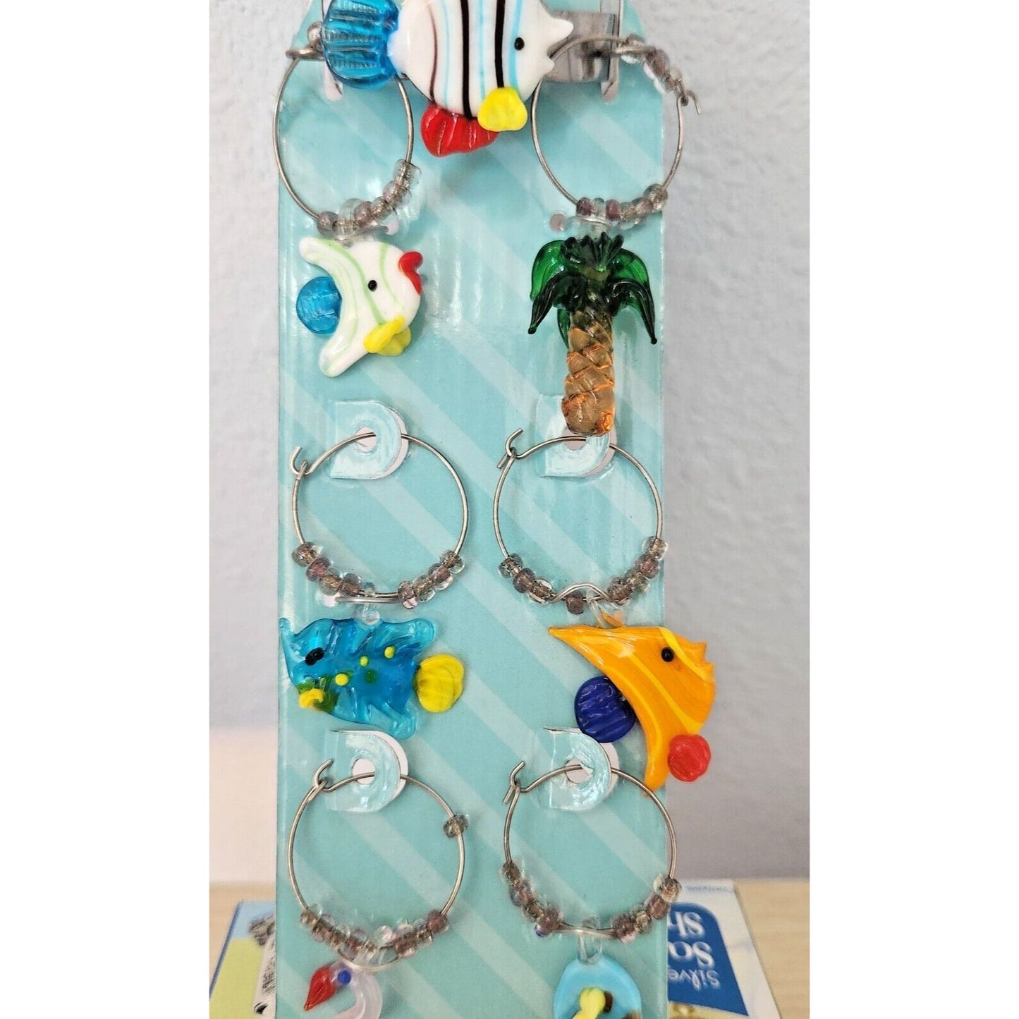 Boston Warehouse 7 Piece Art Glass 1 Wine Ring and 6 Beaded Wine Charms Beach