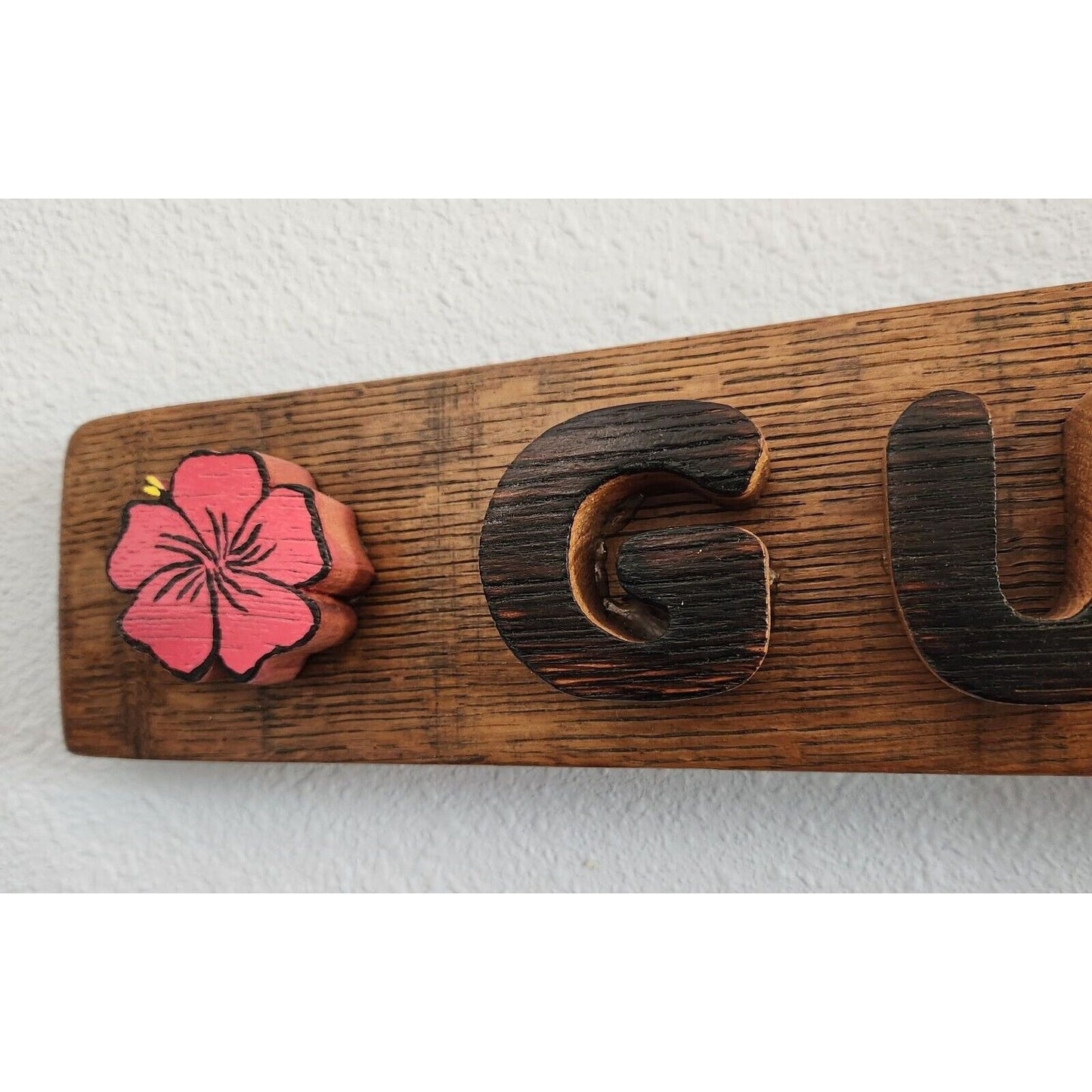 Wood Sign Wine Stave says "Guam USA" Flowers Palm Tree Letters Cut Stave