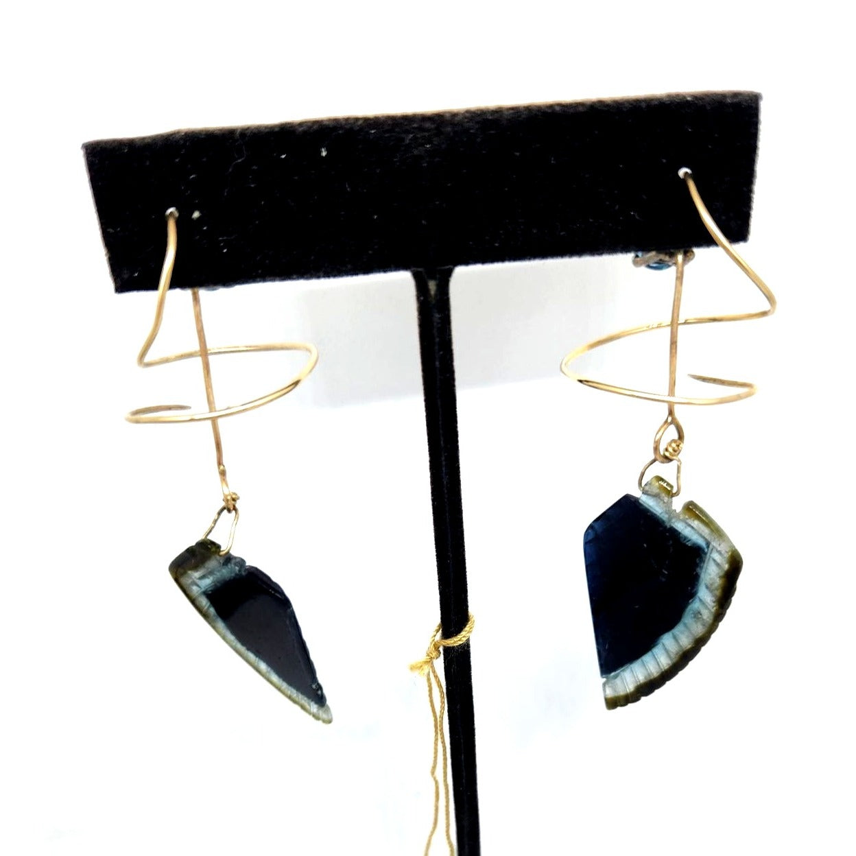 Earrings Feather Shaped Carved Tourmaline 5 mm Square Sapphire 14K Gold 8.9 gr