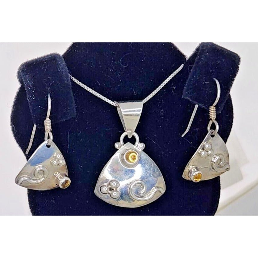 Jewelry Necklace Earrings Set Round Citrine 18" Silver Chain weight 9 Gr