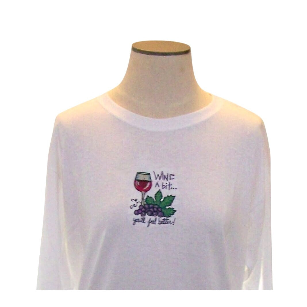 T-Shirt Long Sleeve White Size Large Cotton Wine A Bit You'll feel better