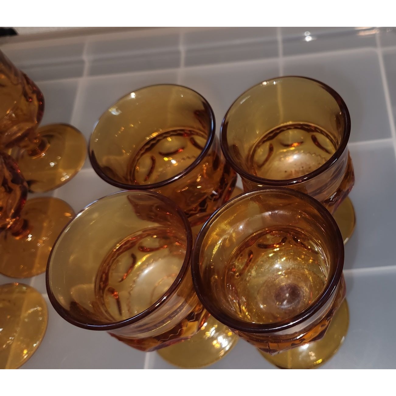 Set of 10 Thumbprint Indiana Glass King’s Crown Amber glasses 4 1/2 Tall 2 1/2" wide top 2" Stem 2 1/2 Glass Vintage Wine Goblets