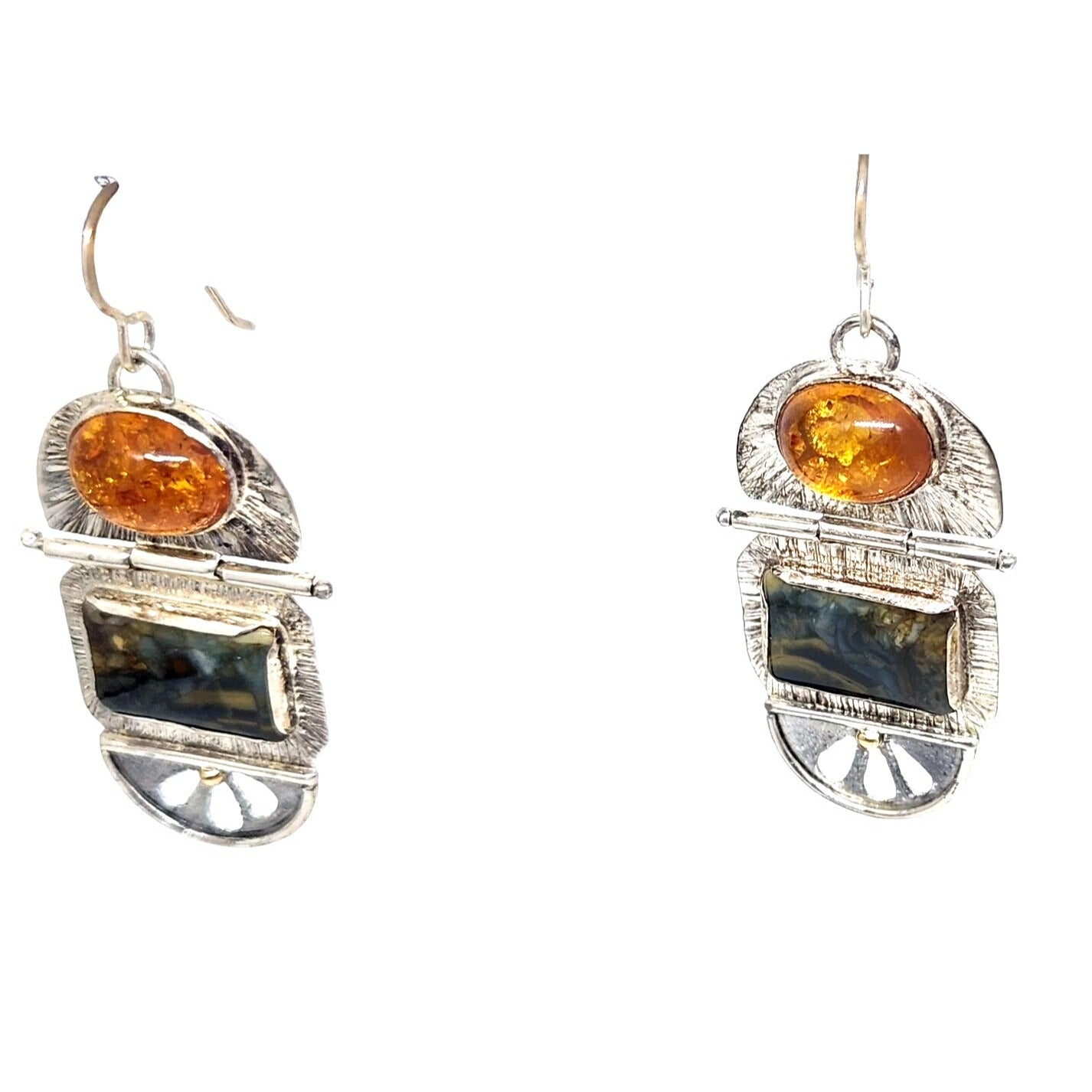Earrings Baltic Amber Moissanite Jasper 925 Silver 14K Gold 10.8 Gr Silver Hooks