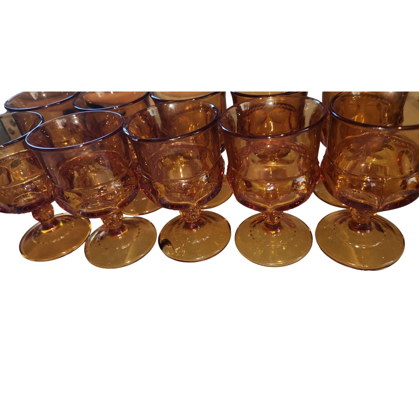 Set of 10 Thumbprint Indiana Glass King’s Crown Amber glasses 4 1/2 Tall 2 1/2" wide top 2" Stem 2 1/2 Glass Vintage Wine Goblets