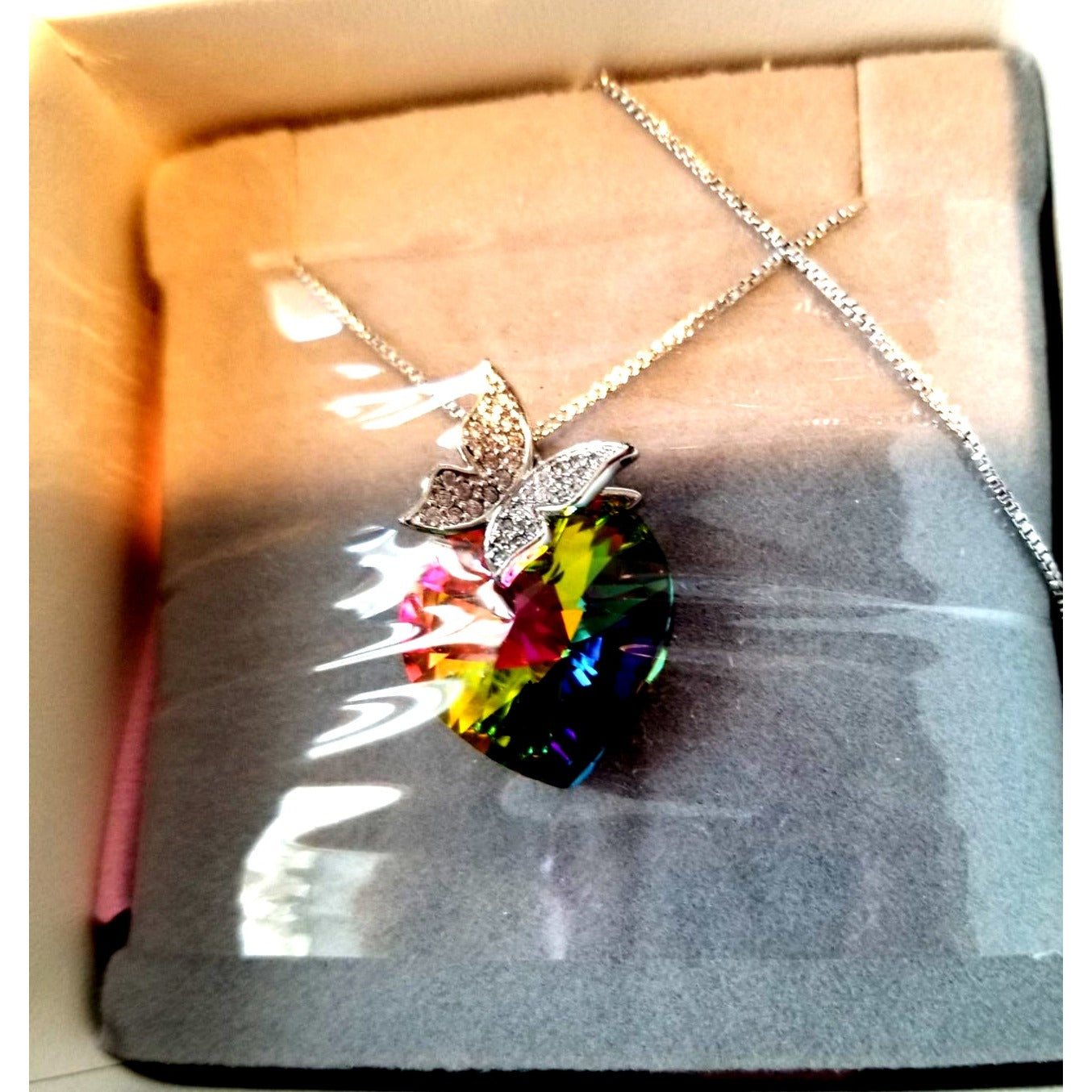 Necklace T400 Jewelers Butterfly Wing Pendant Heart shaped Swarovski Crystal Bow Box Cleaning Cloth Care Instructions