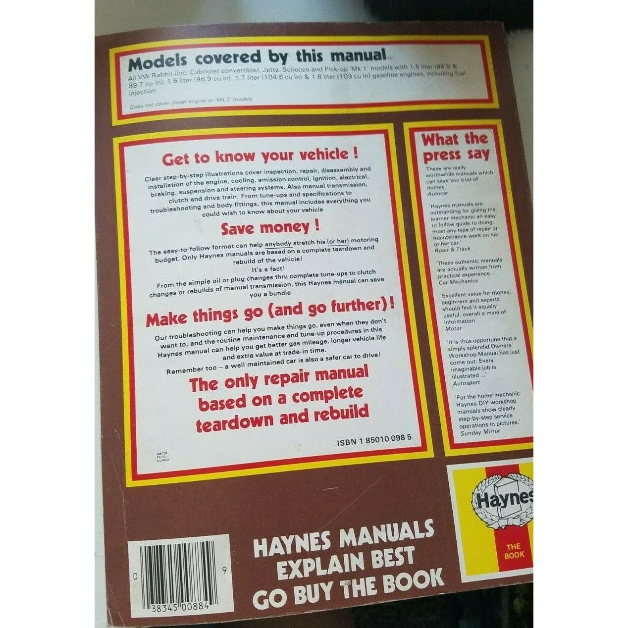 1974 -1985 Haynes Volkswagen Rabbit Sirocco Jetta Pick-up Owners Manual