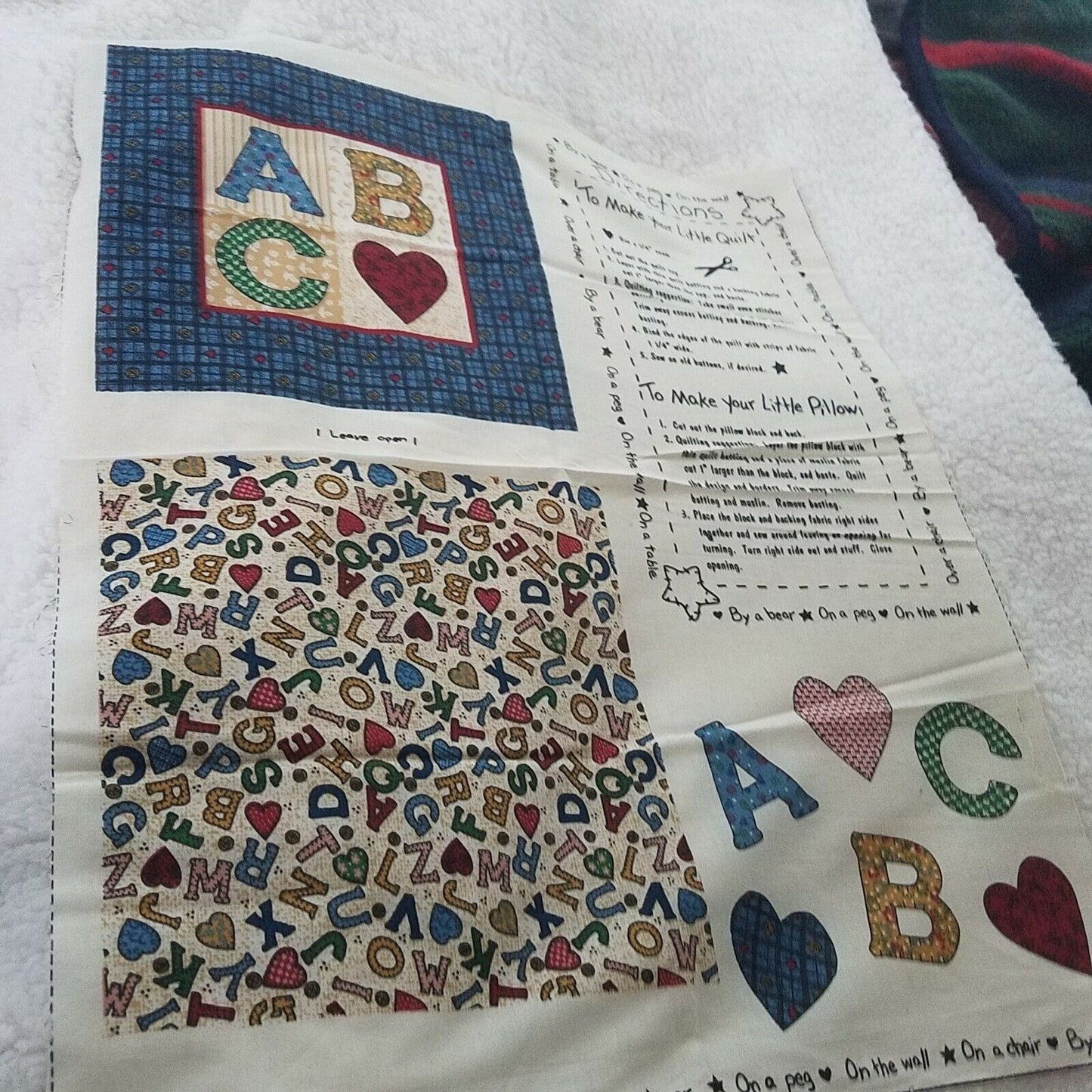 Craft Kit Small Quilt or Pillow ABC By a Bear On a Peg On the Wall Directions