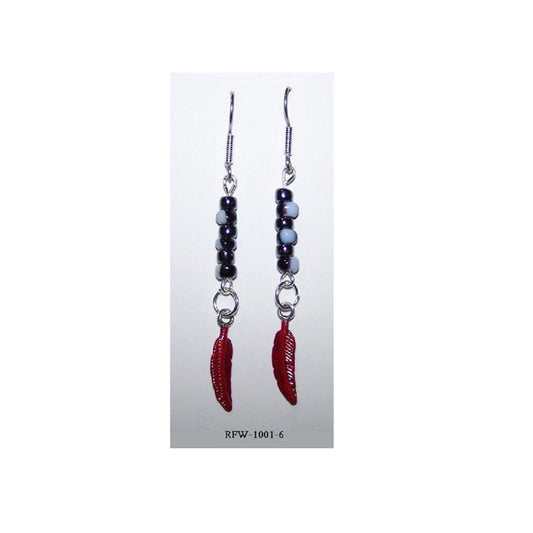 Earrings Painted Red Feather Charm Blue Silver Beads  2" long Sterling Hook