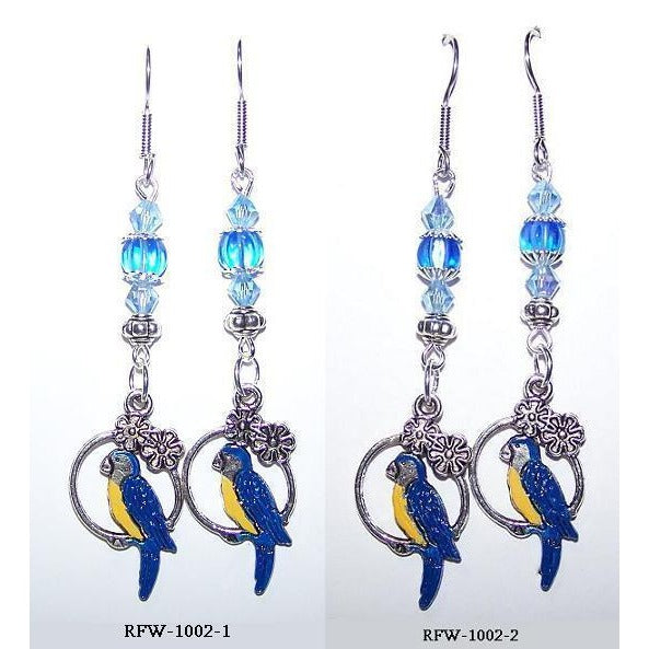 Earrings Painted Parrot Hoop Flowers Blue Silver Beads  2" long Sterling Hook