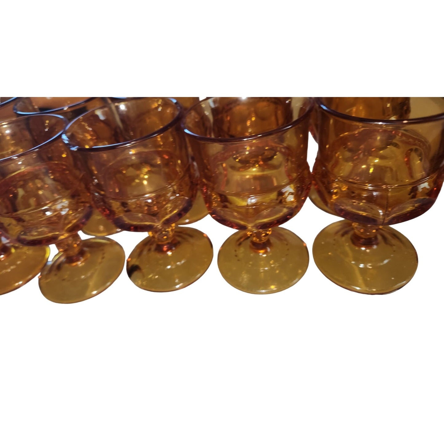 Set of 10 Thumbprint Indiana Glass King’s Crown Amber glasses 4 1/2 Tall 2 1/2" wide top 2" Stem 2 1/2 Glass Vintage Wine Goblets