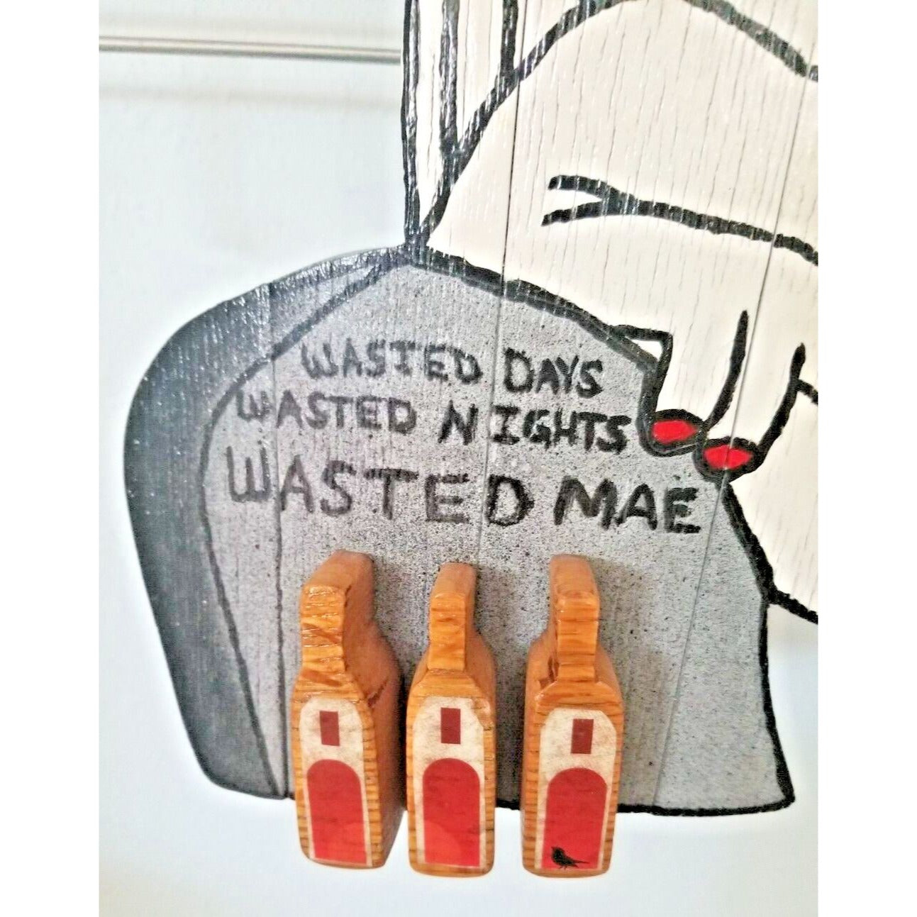 Wood Sign Halloween Wasted Mae Wine Bottle Ghost Red Wine Glass Stave Hanging