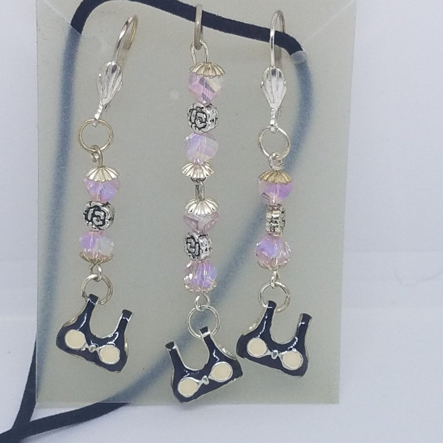 Necklace Earrings Bikini Bra Top 1/2 " Charm Pink Silver Bead Black Leather Cord