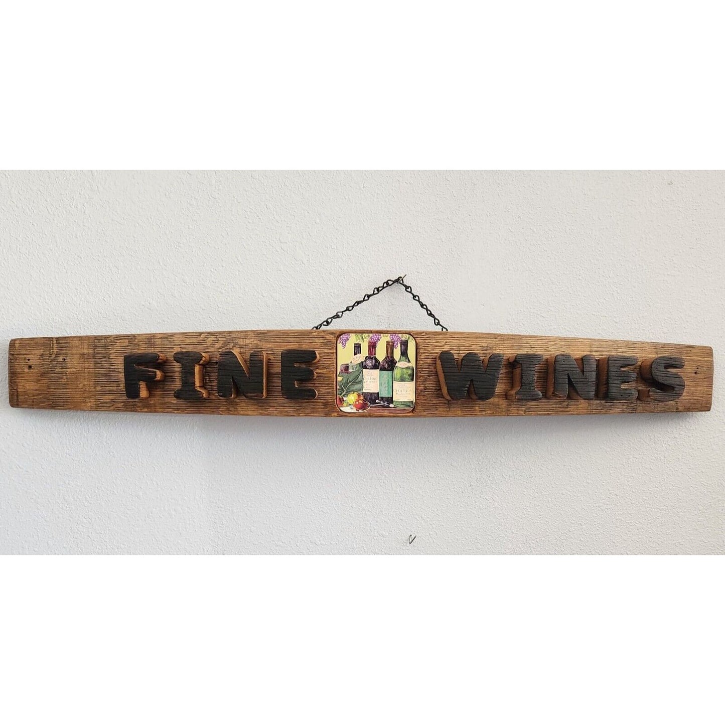 Wood Sign Wine Stave says "Fine Wines" Tile in the Middle Letters Cut Stave