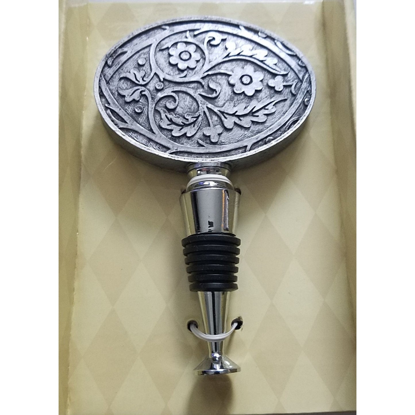 Found Object Wine Bottle Stopper Floral Belt Buckle Oval Resin Metal 5" Tall Top 2 1/2"