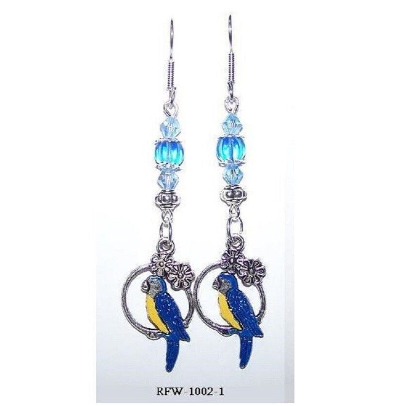 Earrings Blue Parrot Hoop Flowers Blue Silver Bead Caps  2" long Sterling Hook