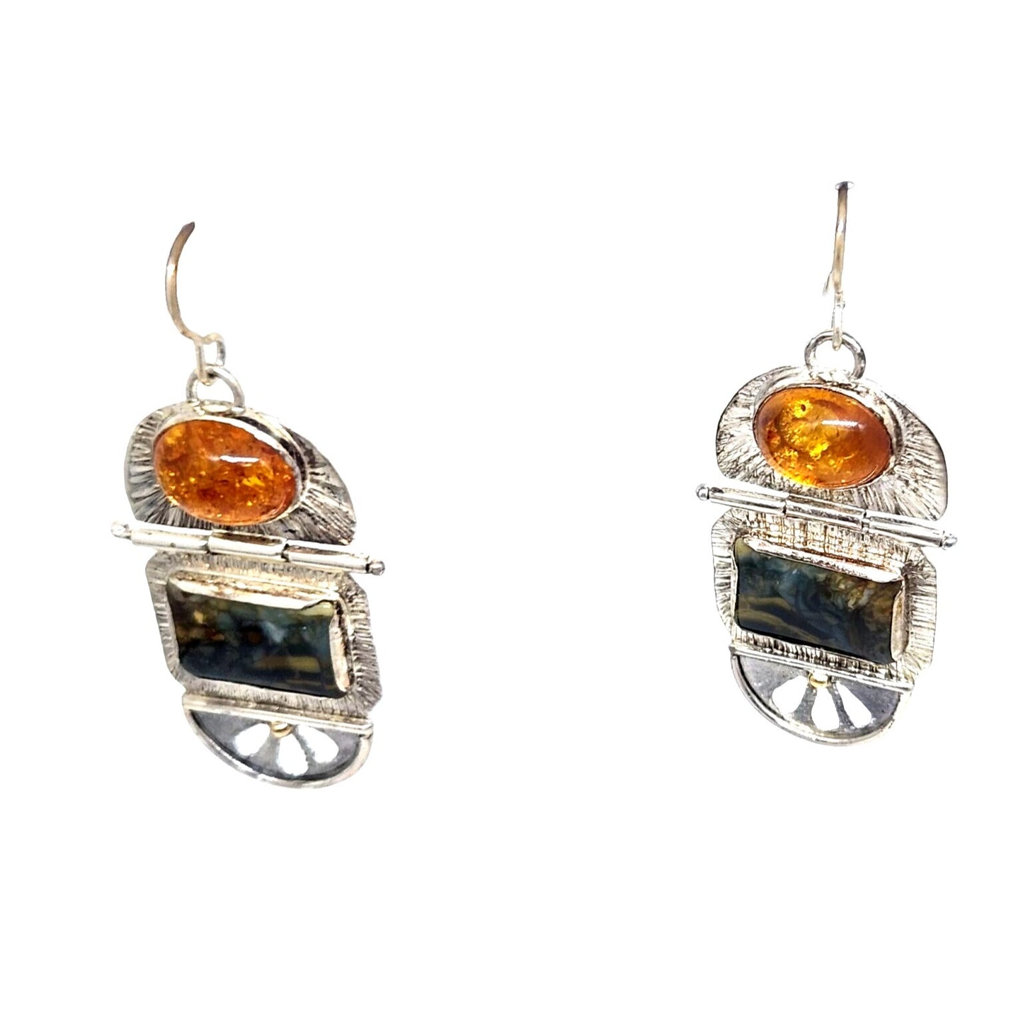 Earrings Baltic Amber Moissanite Jasper 925 Silver 14K Gold 10.8 Gr Silver Hooks