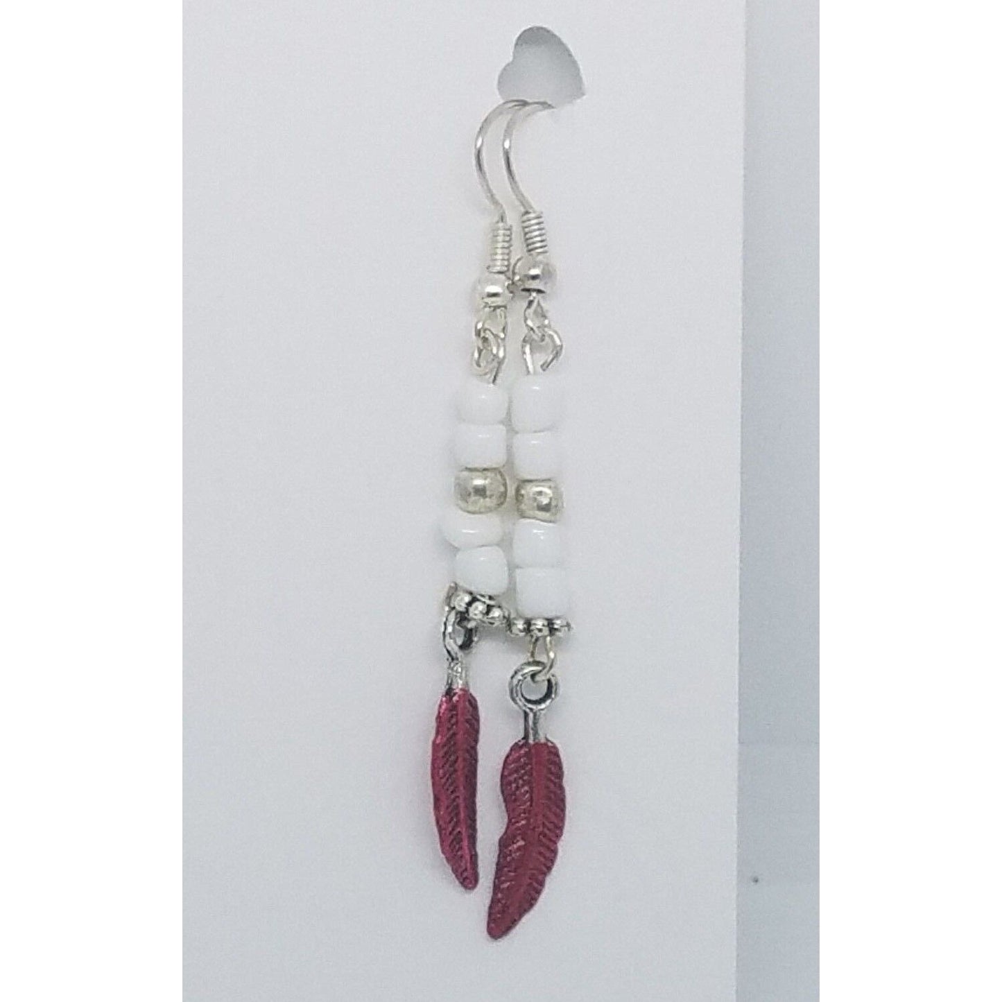 Earrings 1" Painted Red Feather Charm White and Silver Bead Sterling Wire