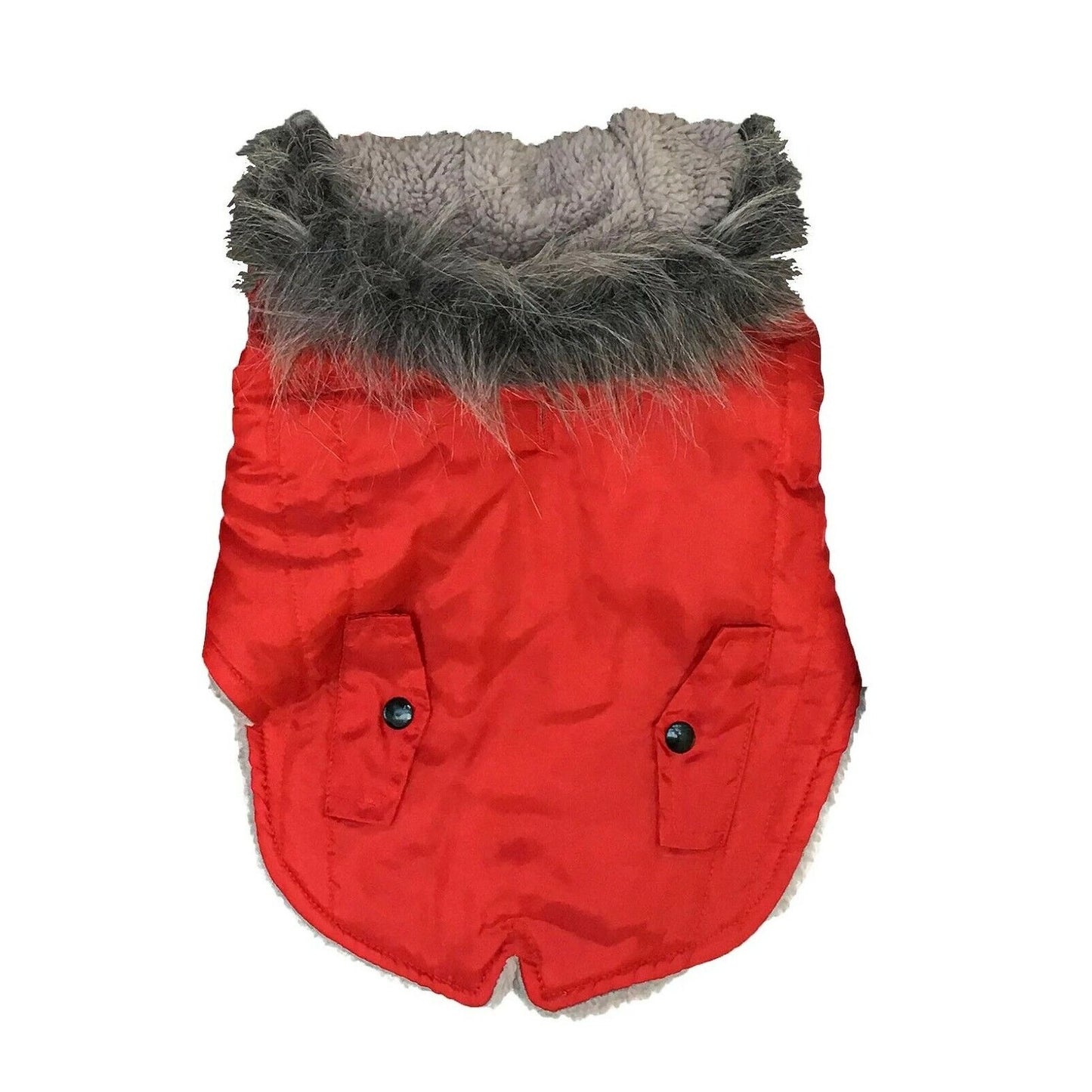 Dog Red Jacket Size Small Woof Pet Puffer Hooded Grey  Lined Fur around Hood