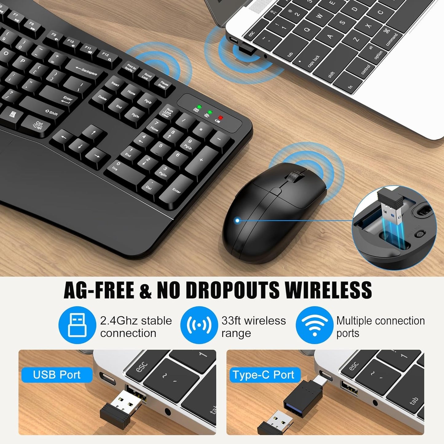Wireless Keyboard and Mouse, Wireless Ergonomic Keyboard Wrist Rest 3 Level DPI Adjustable Wireless Mouse for Windows/MacO