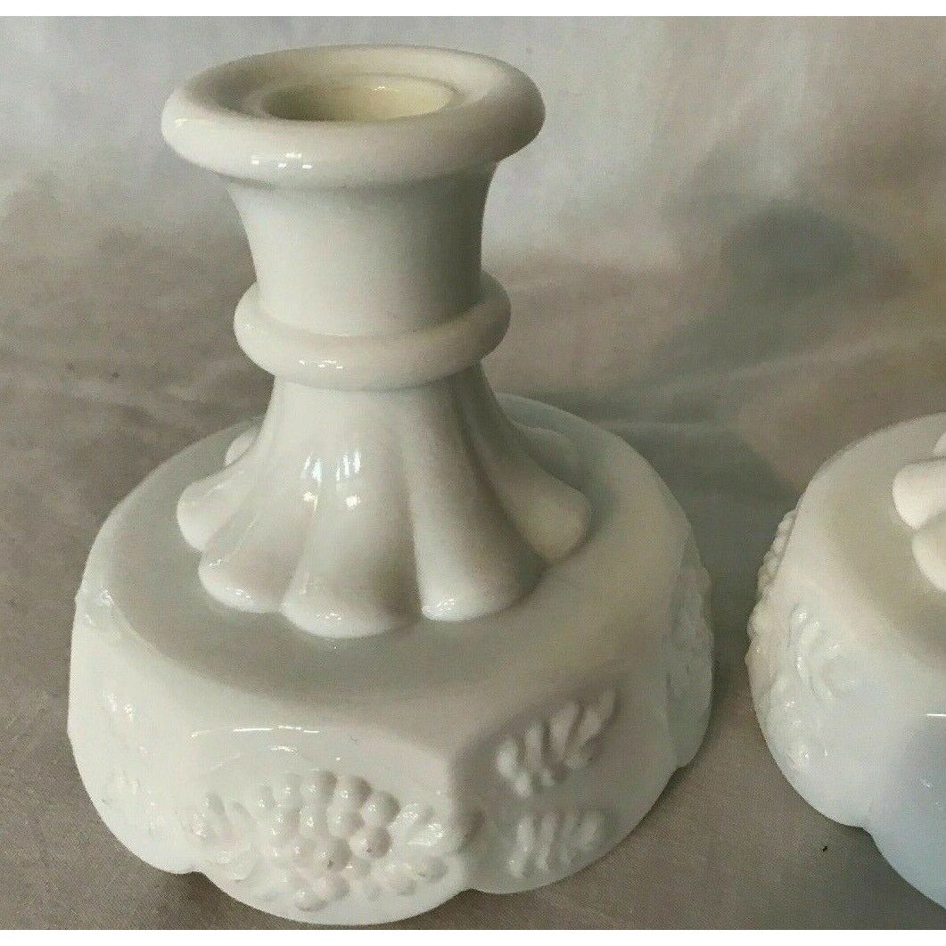 WESTMORLAND VINTAGE MILK GLASS CANDLE STICK HOLDERS “Grape Harvest” Pattern Pair