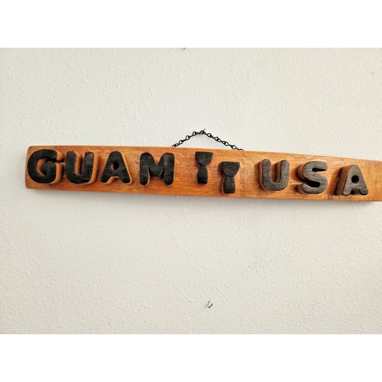 Wood Sign Wine Stave says "Guam USA ", Letters, Lotta Stones Cut from Stave