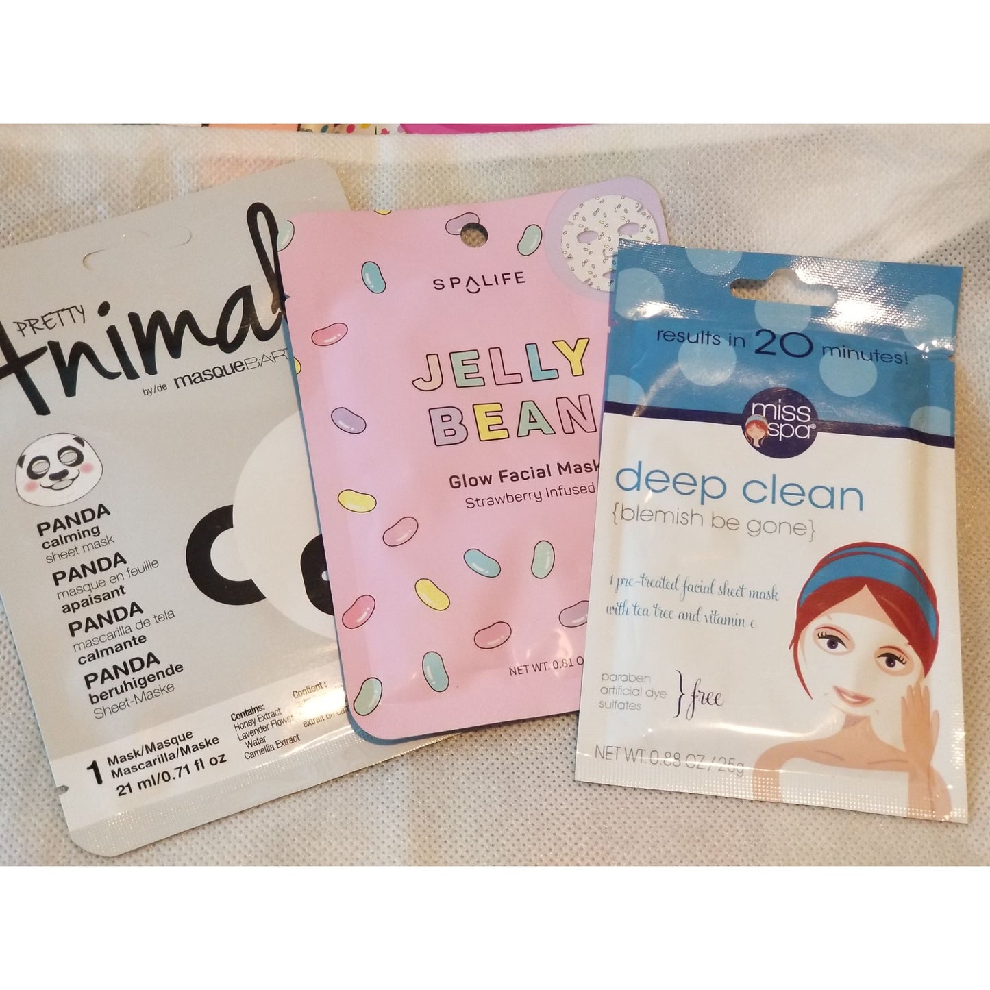 Set of 3 Face Masks 1 Each Miss Spa Deep Clean, Spa Life Jelly Bean,, MasqueBar Pretty Animalz