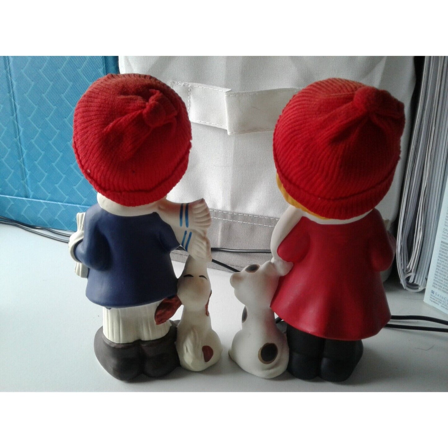 Statue Singing Boy & Girl Red Fabric Hat Holding Song Book Dog Cat Singing UOGC