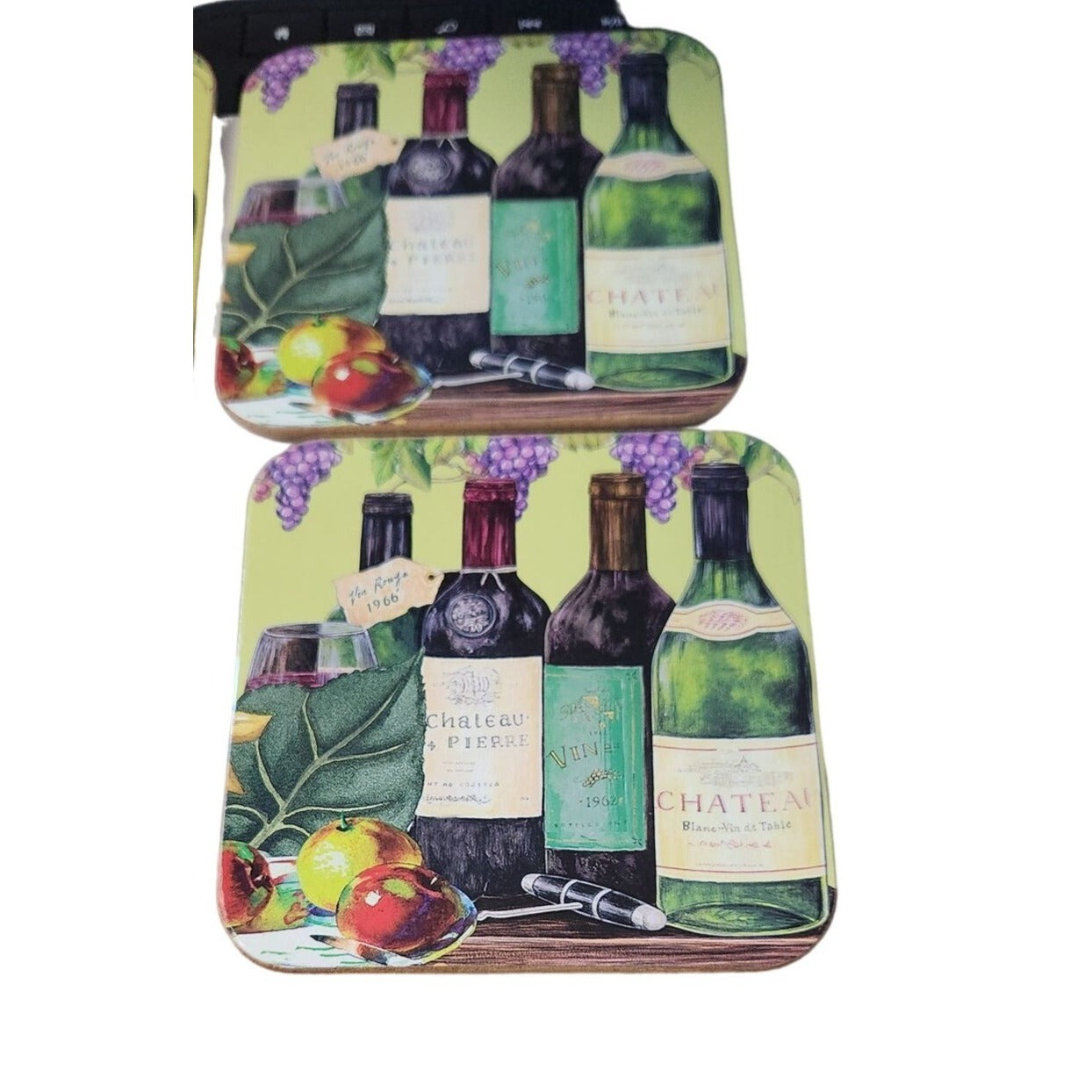 Wine Bottles Grapes Set of 4 Coasters Cork Backing Wood Glossy 3 1/2" x 3 1/2"