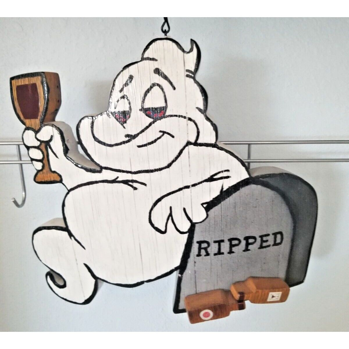 Wood Sign Halloween Ripped Wine Bottle Ghost Red Wine Glass Stave Hanging