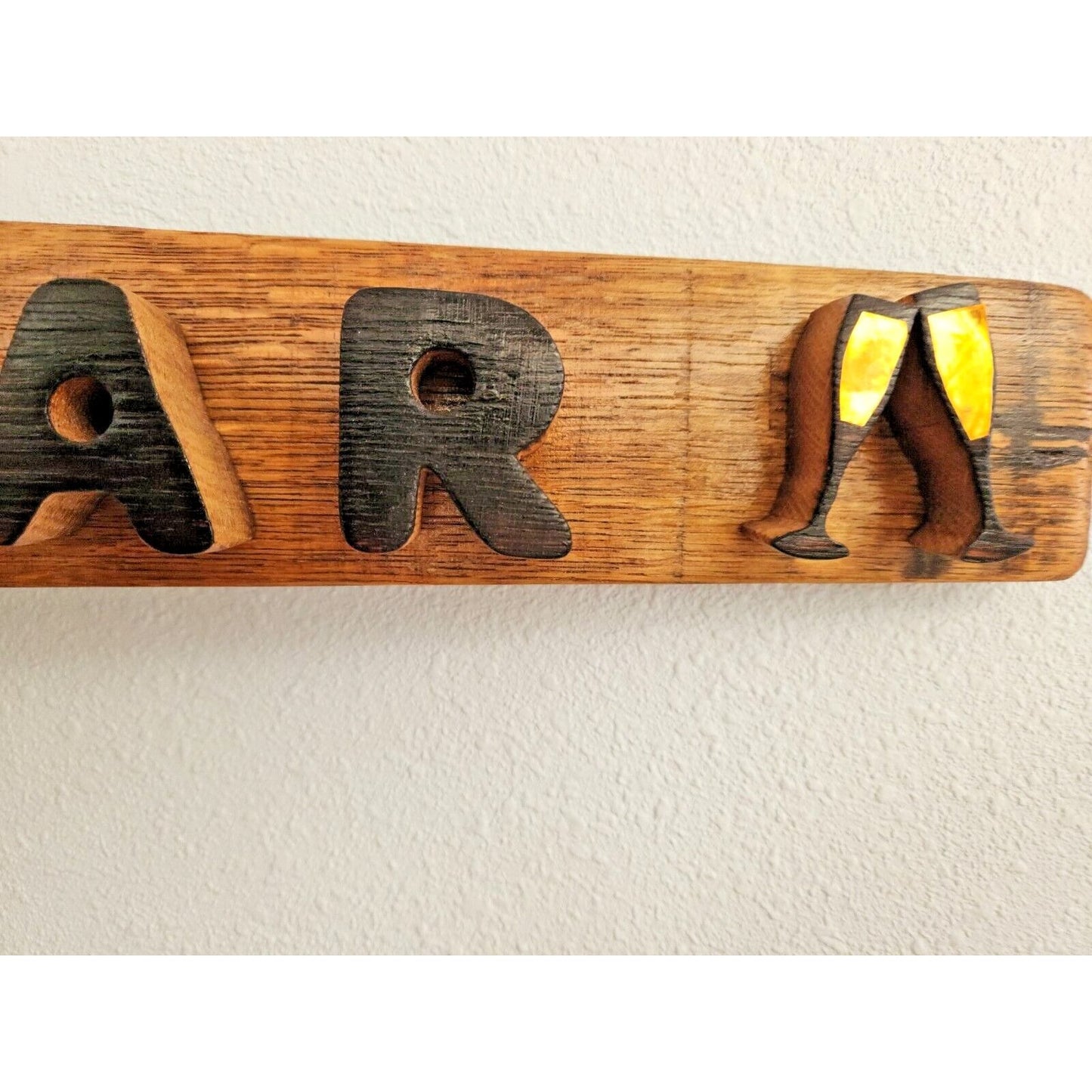 Wood Sign Wine Stave says " Mimosa Bar " Wine Glasses on ends Cut from Stave
