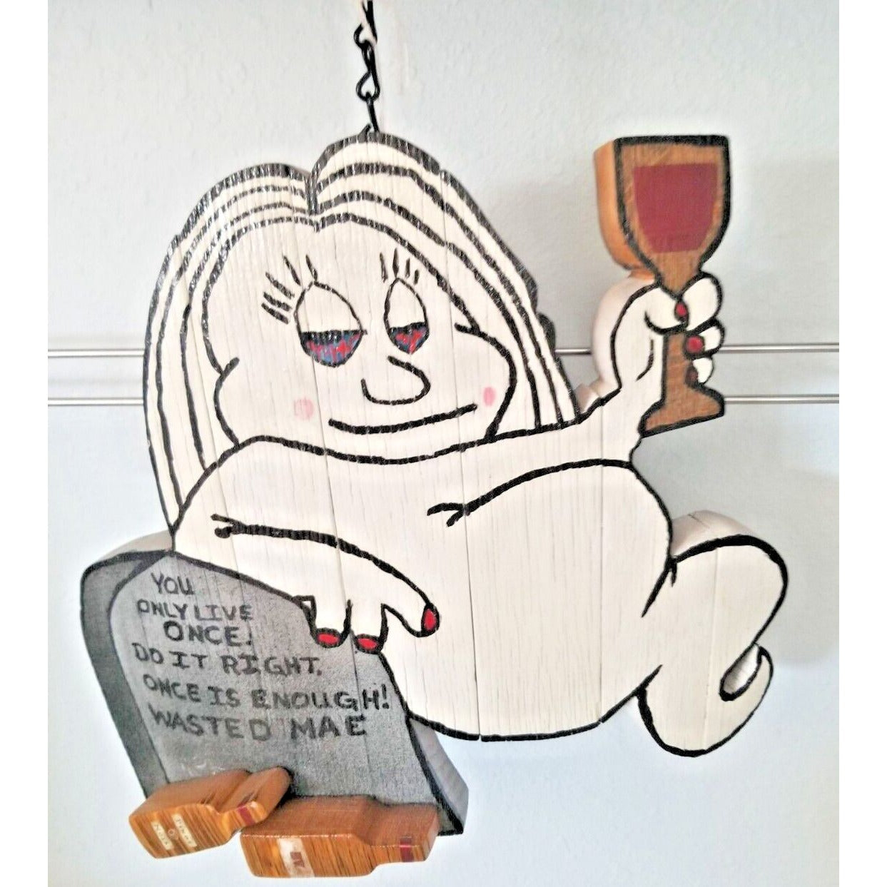 Wood Sign Halloween Wasted Mae Wine Bottle Ghost Red Wine Glass Live once Hanger