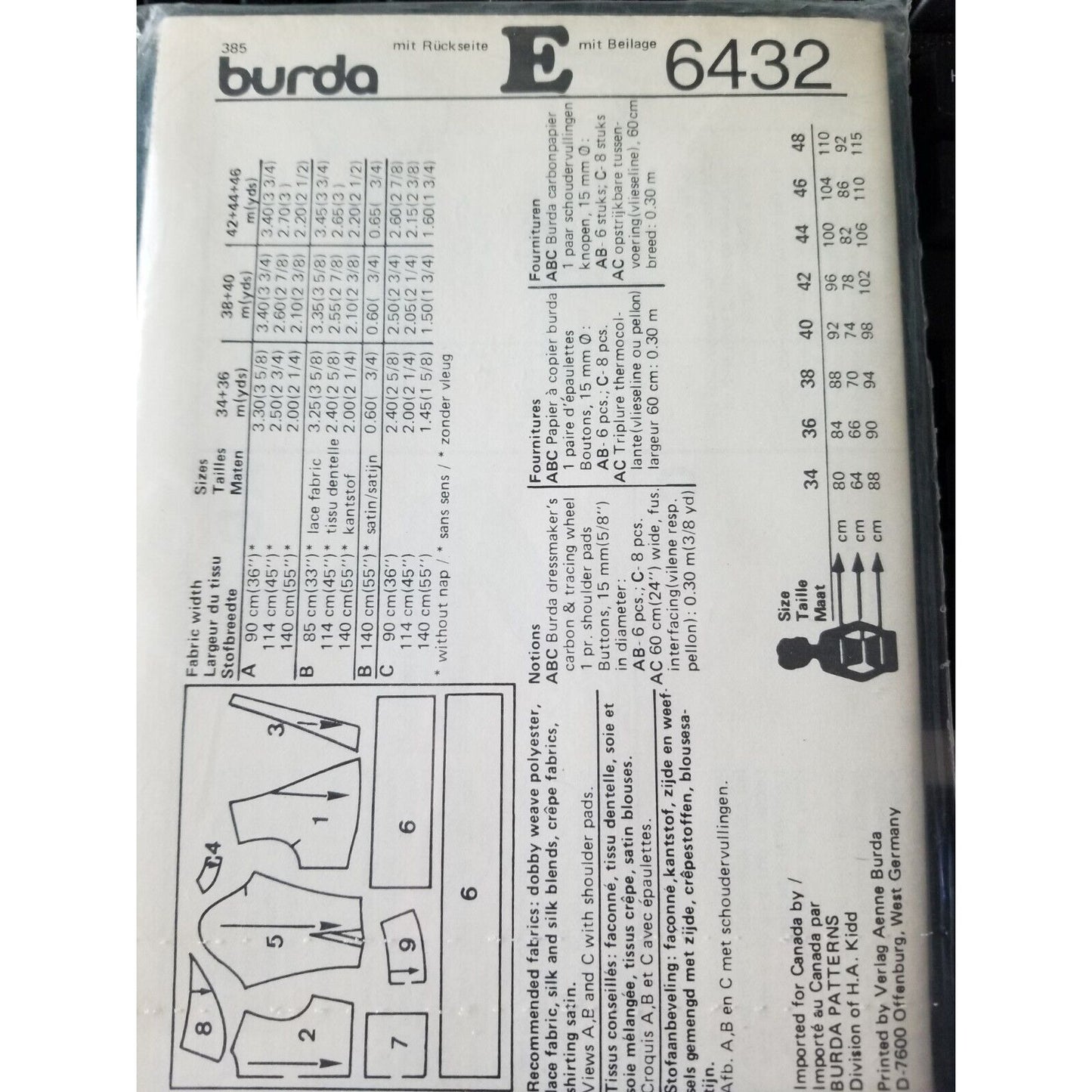 Pattern Burda # 6432 Women s 8 - 20 Blouse