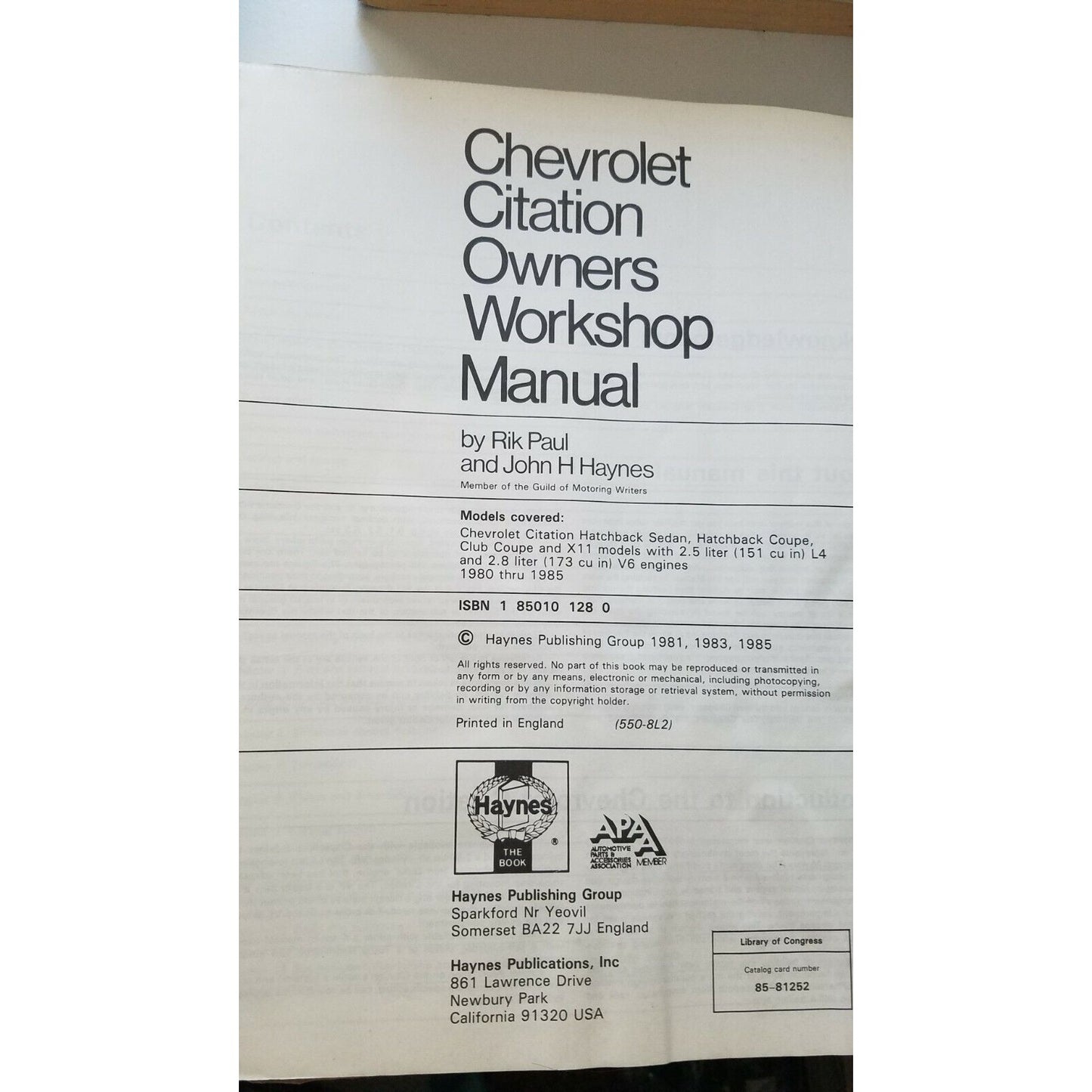 1987 thru 1985 Haynes Chevy Citation 151 173 Automobile Repair Shop # 550