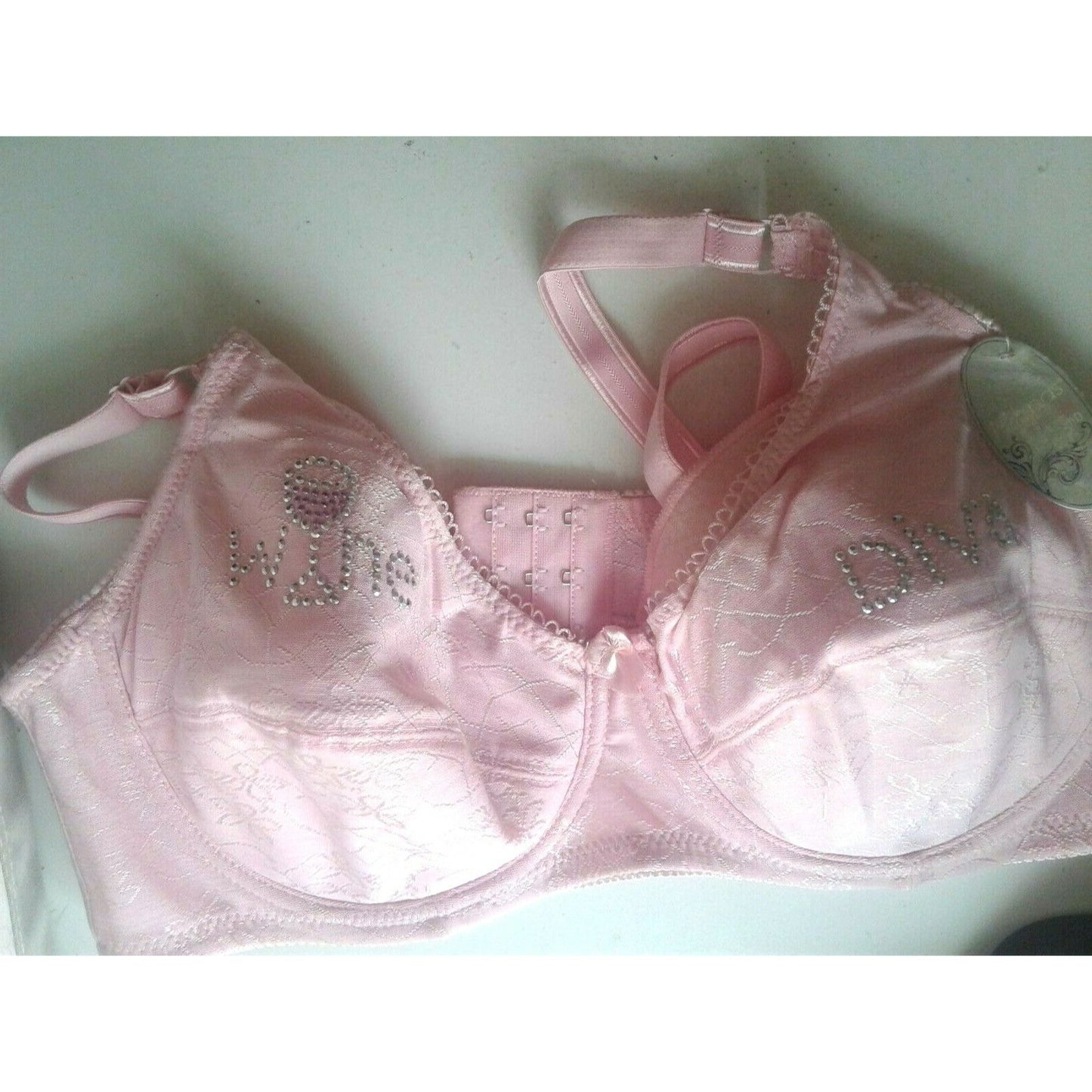 Bra Mopas Size 40 D Pink Flower Says Wine Diva on Top Cup Rhinestones Underwire