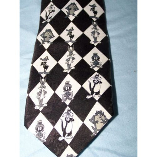 Tie Marvin Martian Tweety Bugs Daffy Neck Tie White Black 60 " Long 3 1/2" W