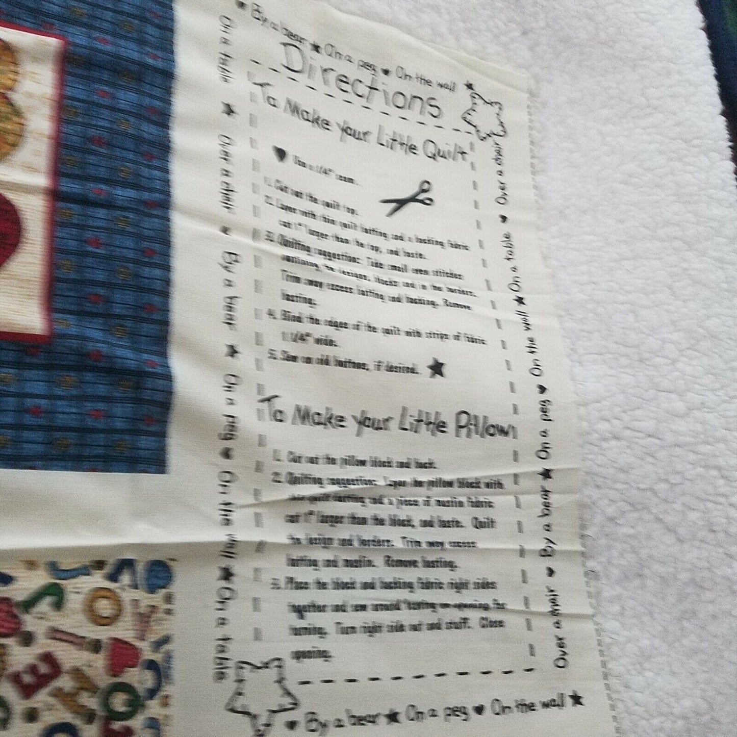 Craft Kit Small Quilt or Pillow ABC By a Bear On a Peg On the Wall Directions