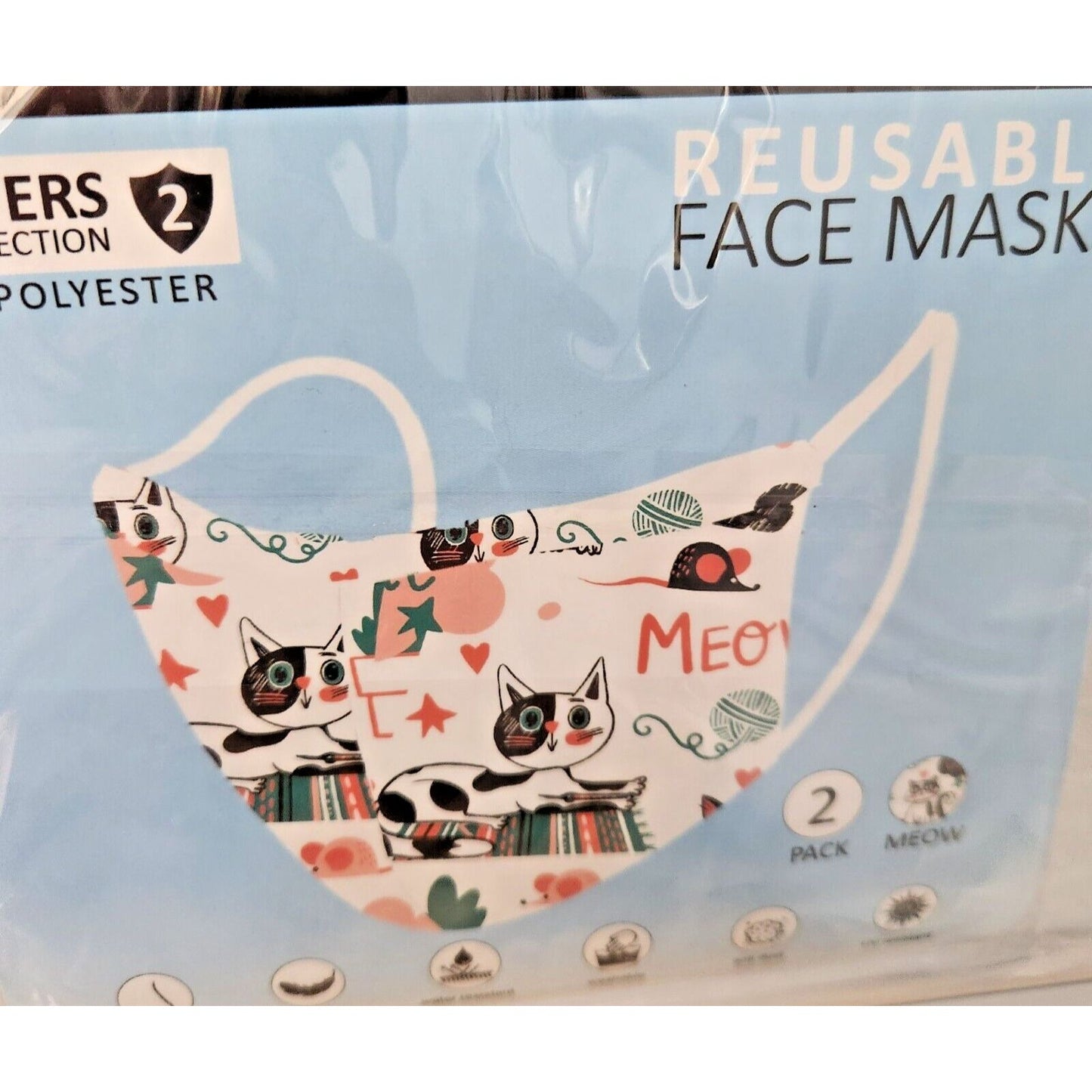Primeware Mask Cats Meow Design Adult 2 pack 2 layers 100 % Polyester Washable