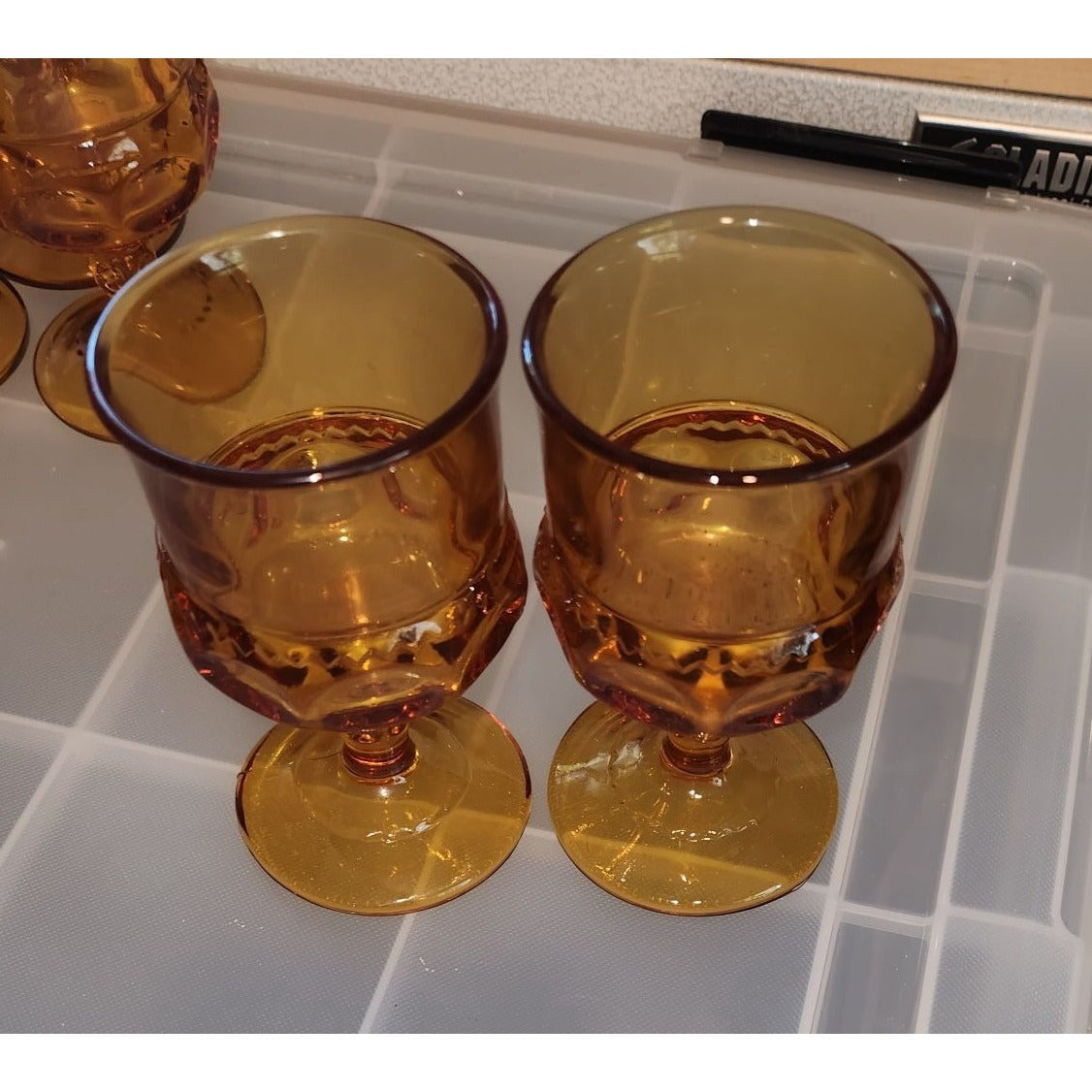 Set of 10 Thumbprint Indiana Glass King’s Crown Amber glasses 4 1/2 Tall 2 1/2" wide top 2" Stem 2 1/2 Glass Vintage Wine Goblets