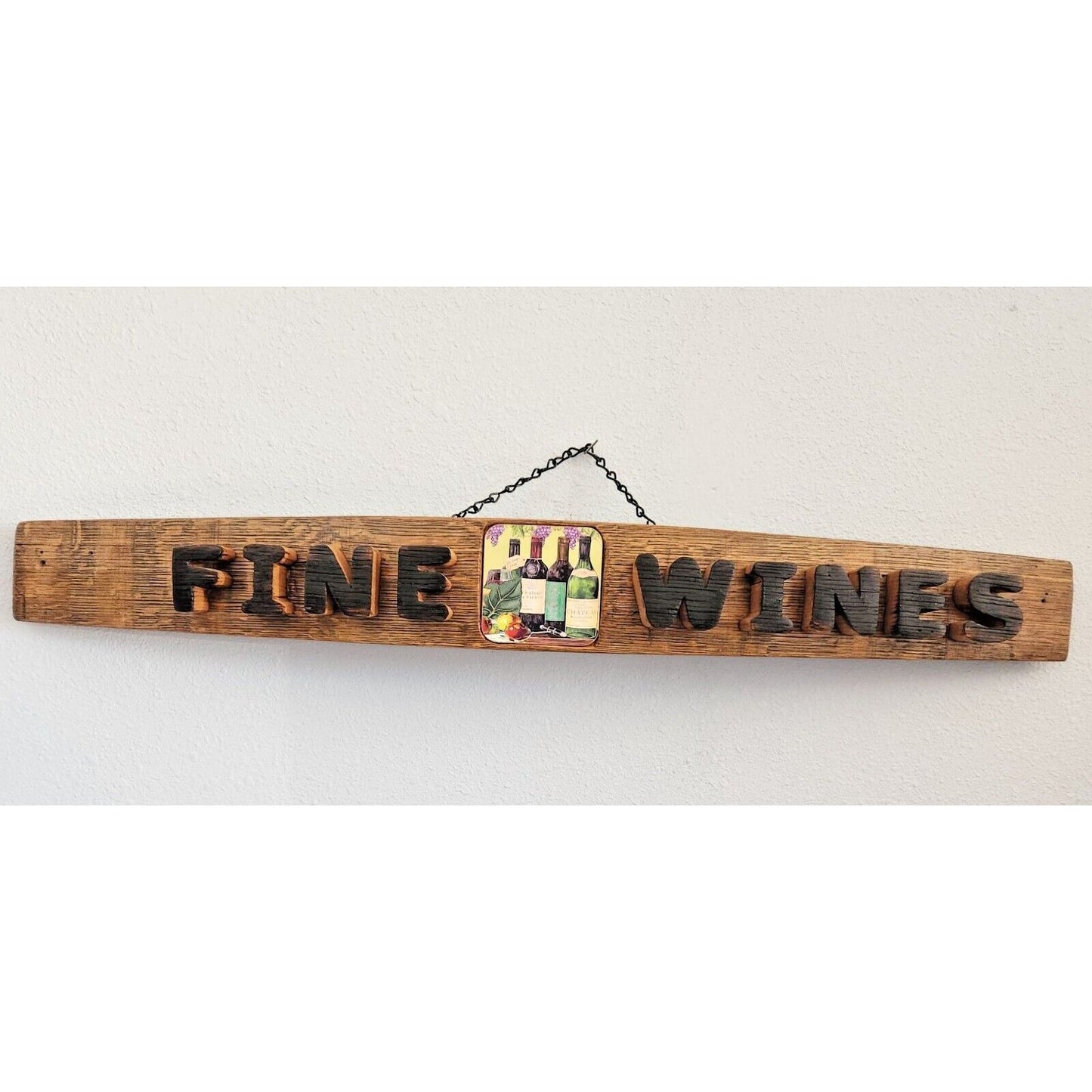 Wood Sign Wine Stave says "Fine Wines" Tile in the Middle Letters Cut Stave