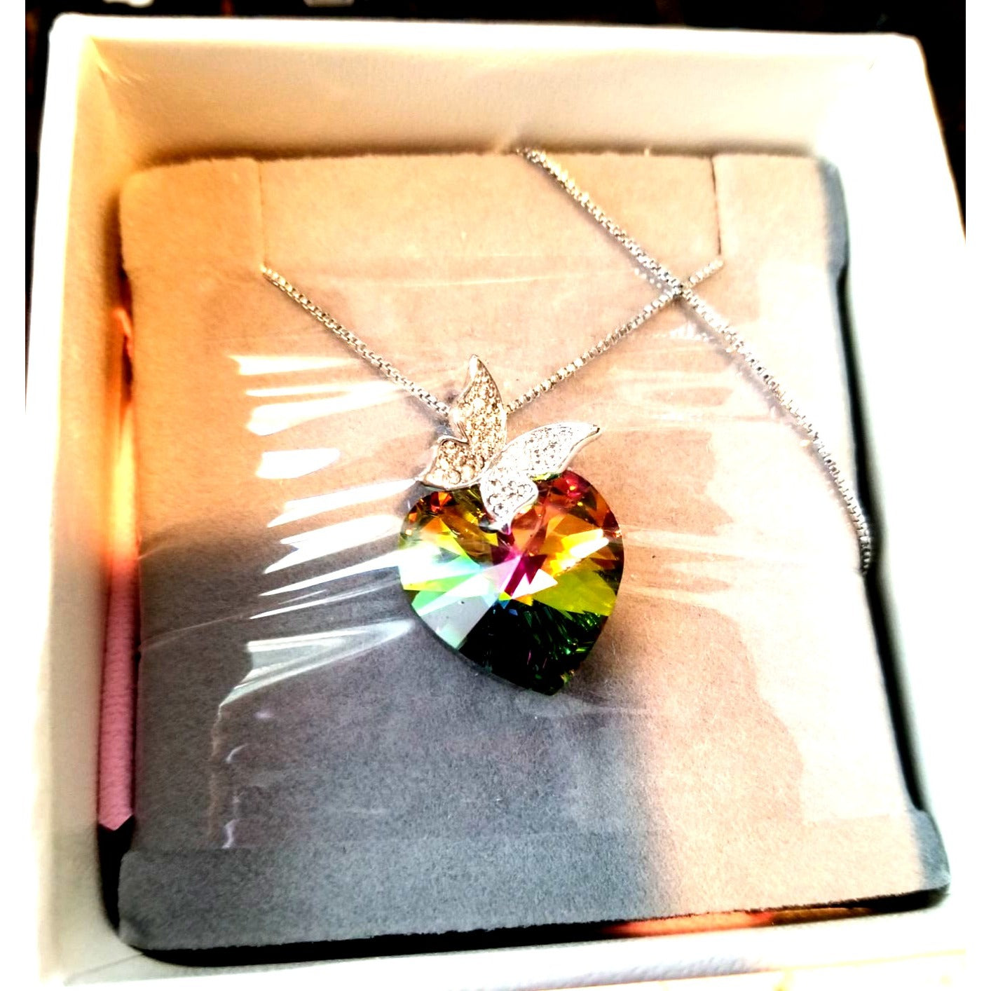 Necklace T400 Jewelers Butterfly Wing Pendant Heart shaped Swarovski Crystal Bow Box Cleaning Cloth Care Instructions