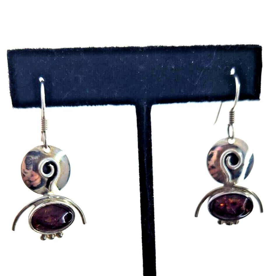 Jewelry Earrings Set Oval Amber Circle Top 925 Silver Weight 5.5 Gr Handmade