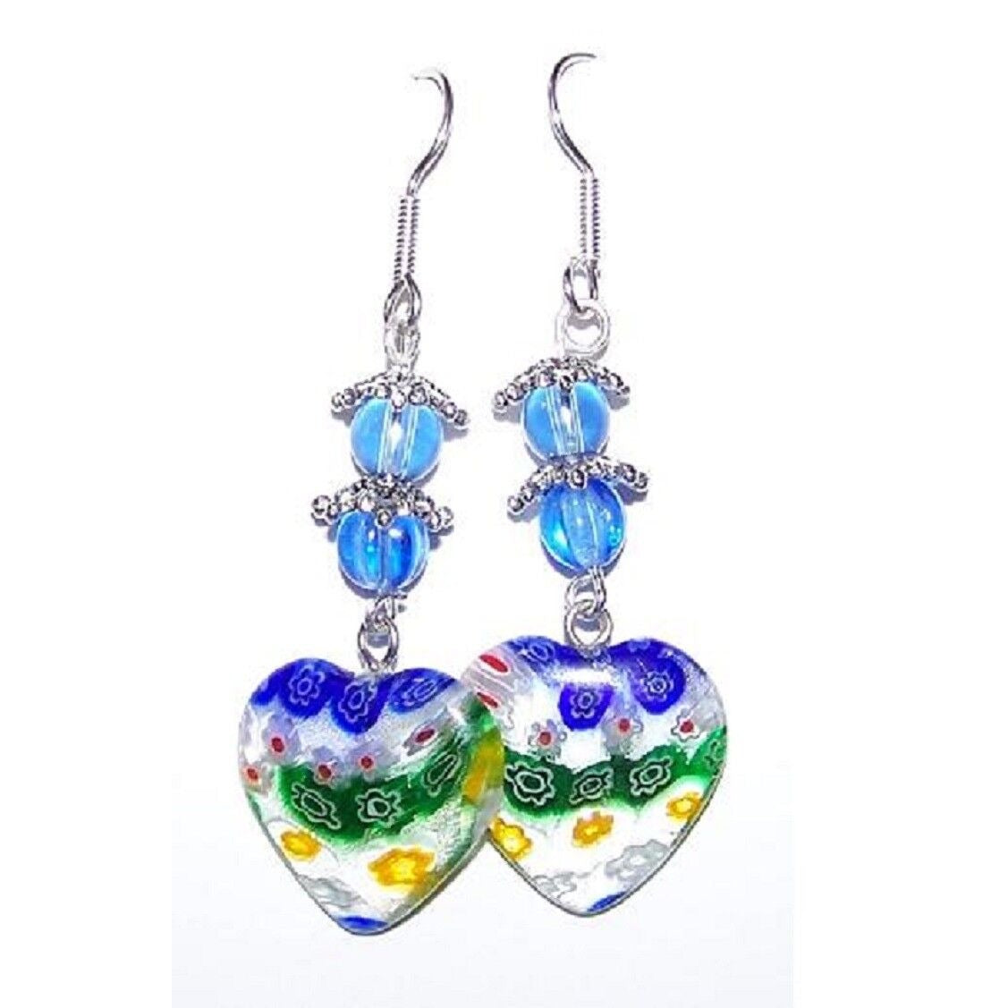 Earrings Heart Shaped Glass Blue Green Yellow Flowers Blue Silver Beads 2" Long