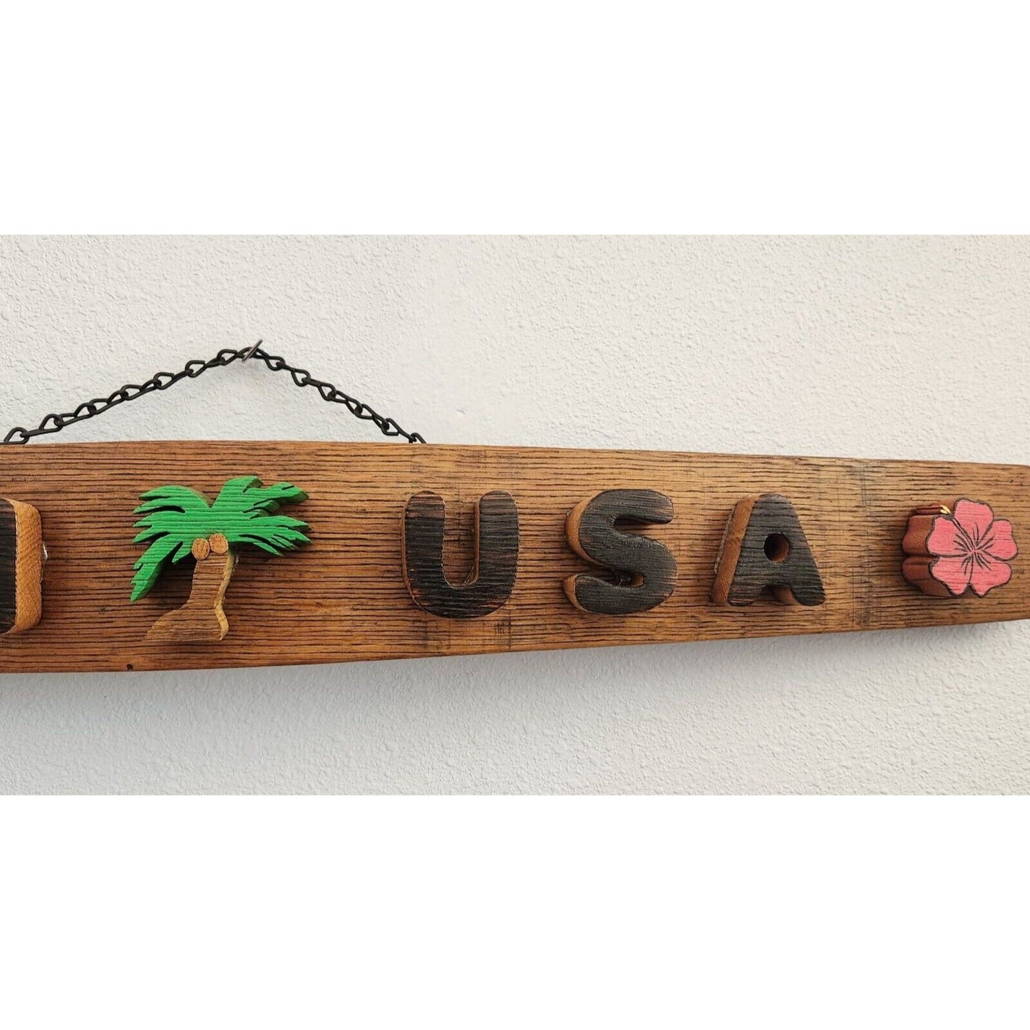 Wood Sign Wine Stave says "Guam USA" Flowers Palm Tree Letters Cut Stave