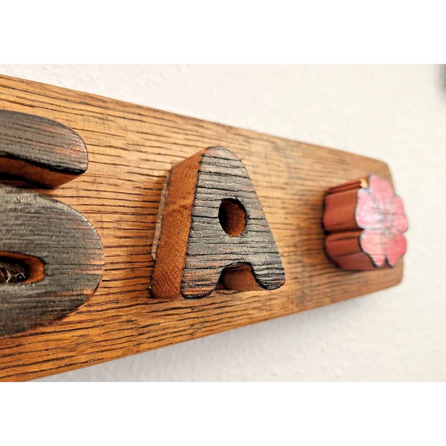 Wood Sign Wine Stave says "Guam USA" Flowers Palm Tree Letters Cut Stave