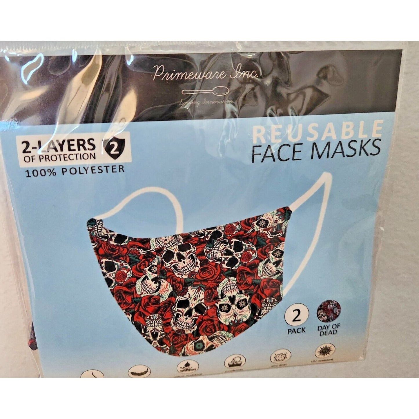 Primeware Mask Roses Skull Design Adult 2 pack 2 layers 100 % Polyester Washable