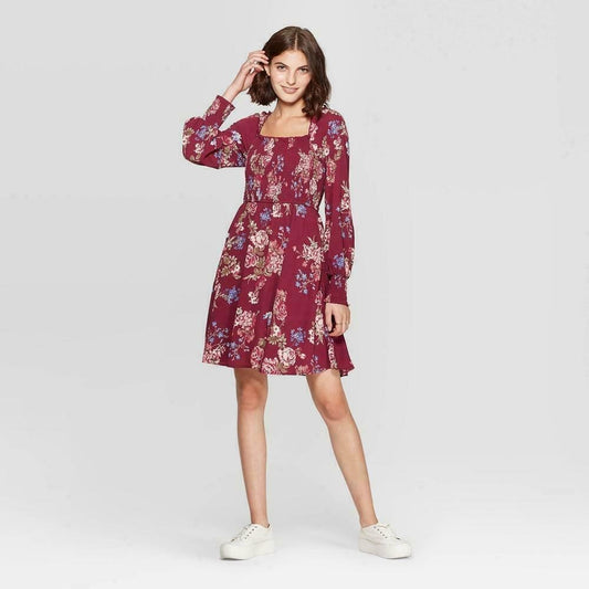 Dress Xhilaration Women's Size S Burgundy Floral Print Long Sleeve Square Neck