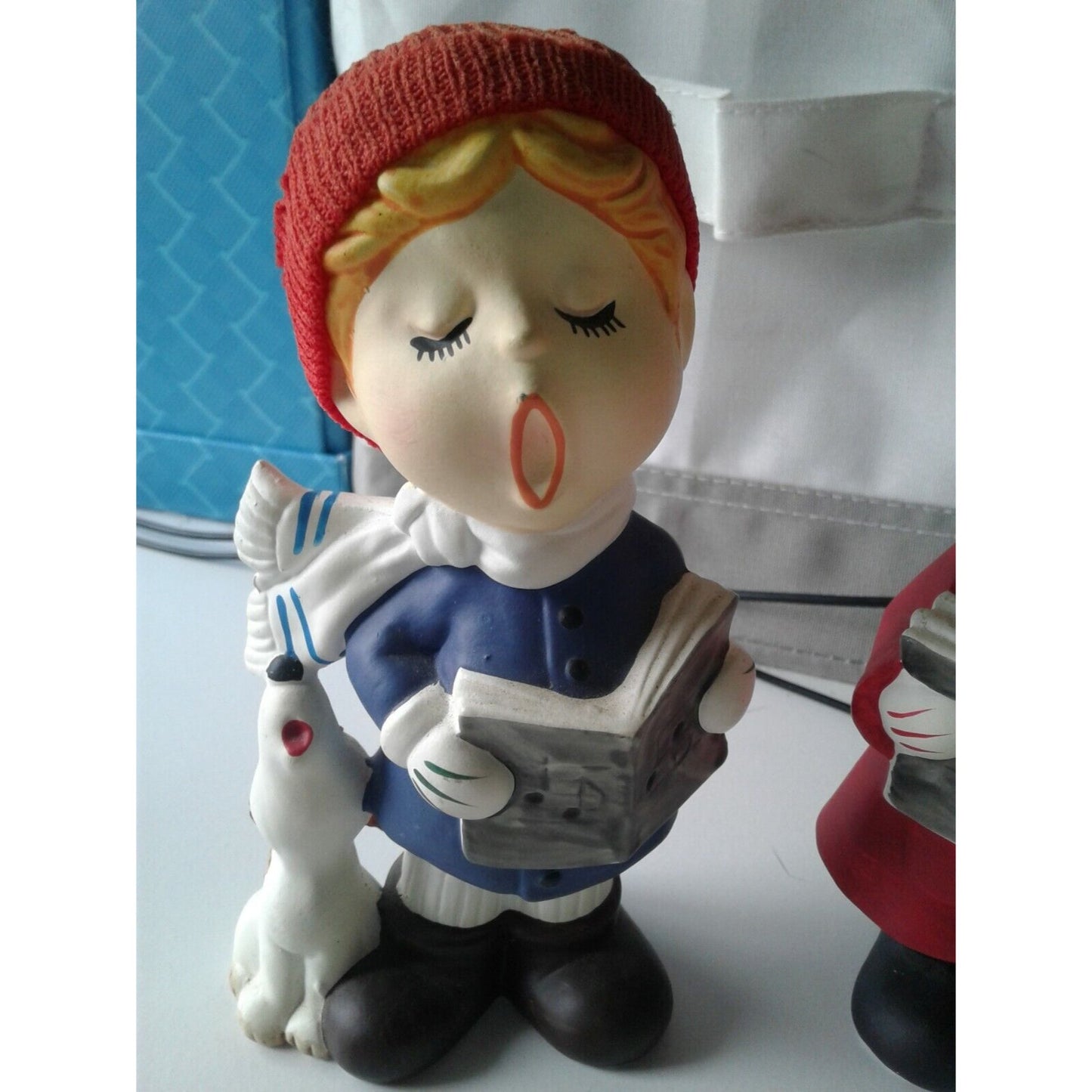 Statue Singing Boy & Girl Red Fabric Hat Holding Song Book Dog Cat Singing UOGC